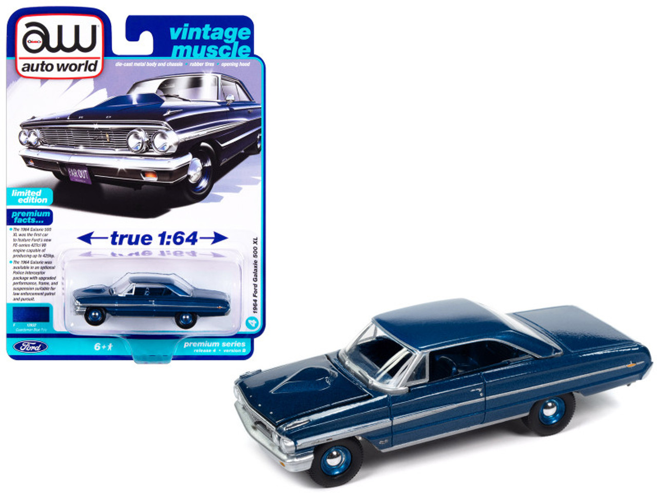 1964 Ford Galaxie 500 XL Guardsman Blue Metallic with Blue Interior "Vintage Muscle" Limited Edition 1/64 Diecast Model Car by Auto World