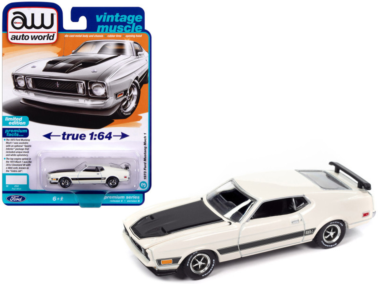 1973 Ford Mustang Mach 1 Pearl White with Black Hood and Stripes "Vintage Muscle" Limited Edition 1/64 Diecast Model Car by Auto World