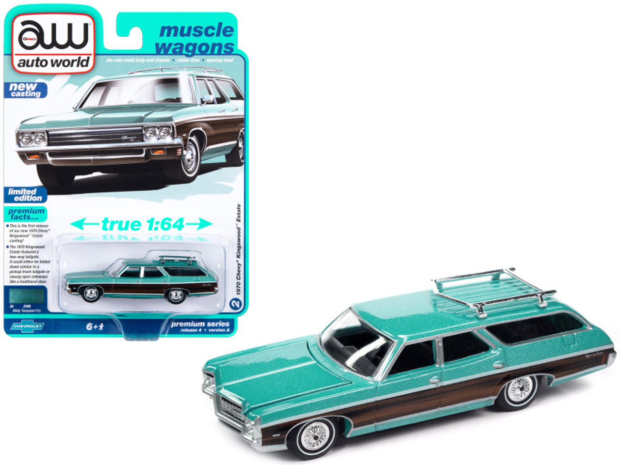 1970 Chevrolet Kingswood Estate Wagon Misty Turquoise Metallic with Side Woodgrain "Muscle Wagons" Limited Edition 1/64 Diecast Model Car by Auto World
