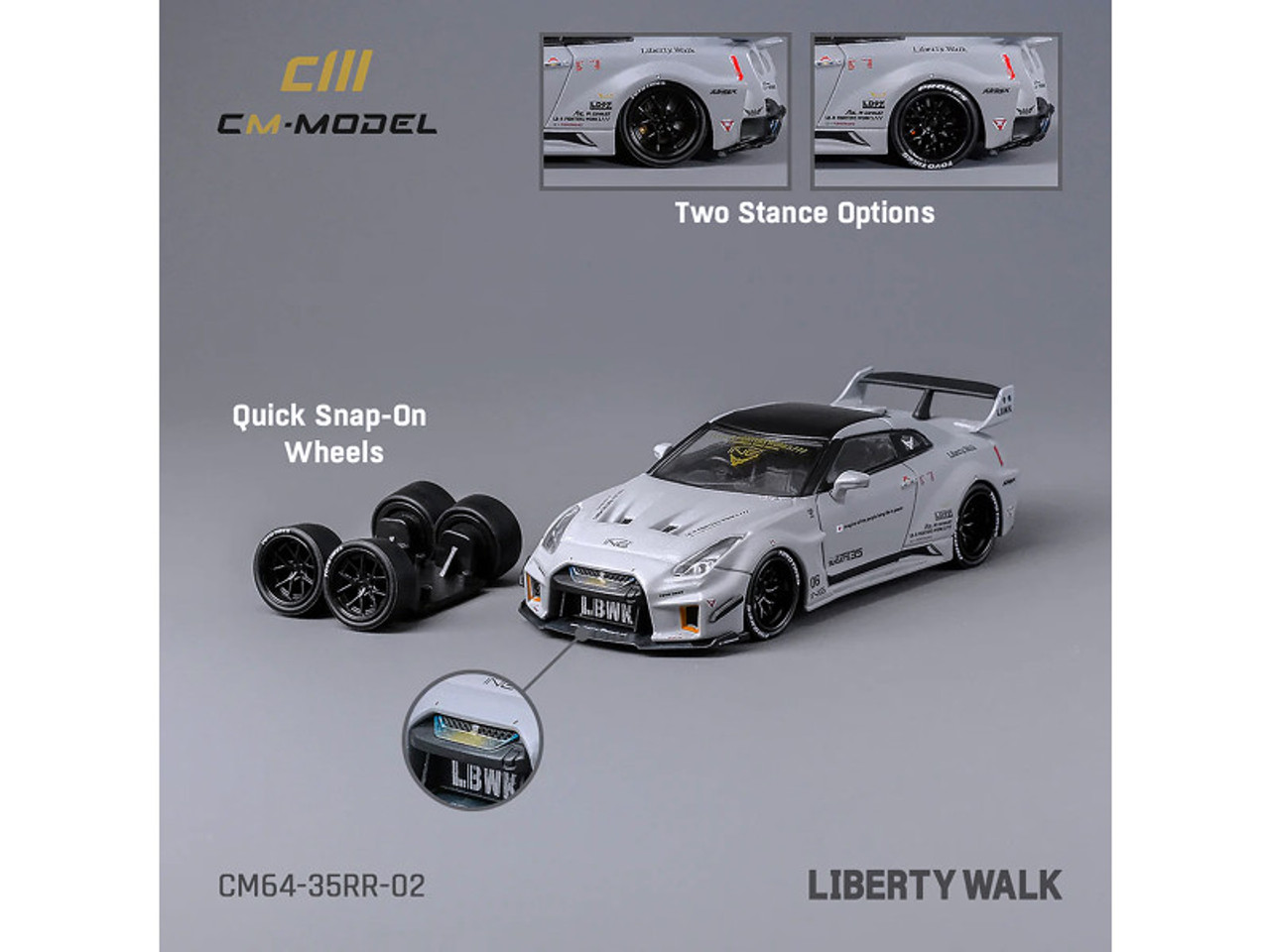 Nissan 35GT-RR LB-Silhouette Works GT RHD (Right Hand Drive) "Liberty Walk" Matt Gray with Black Top and Extra Wheels 1/64 Diecast Model Car by CM Models