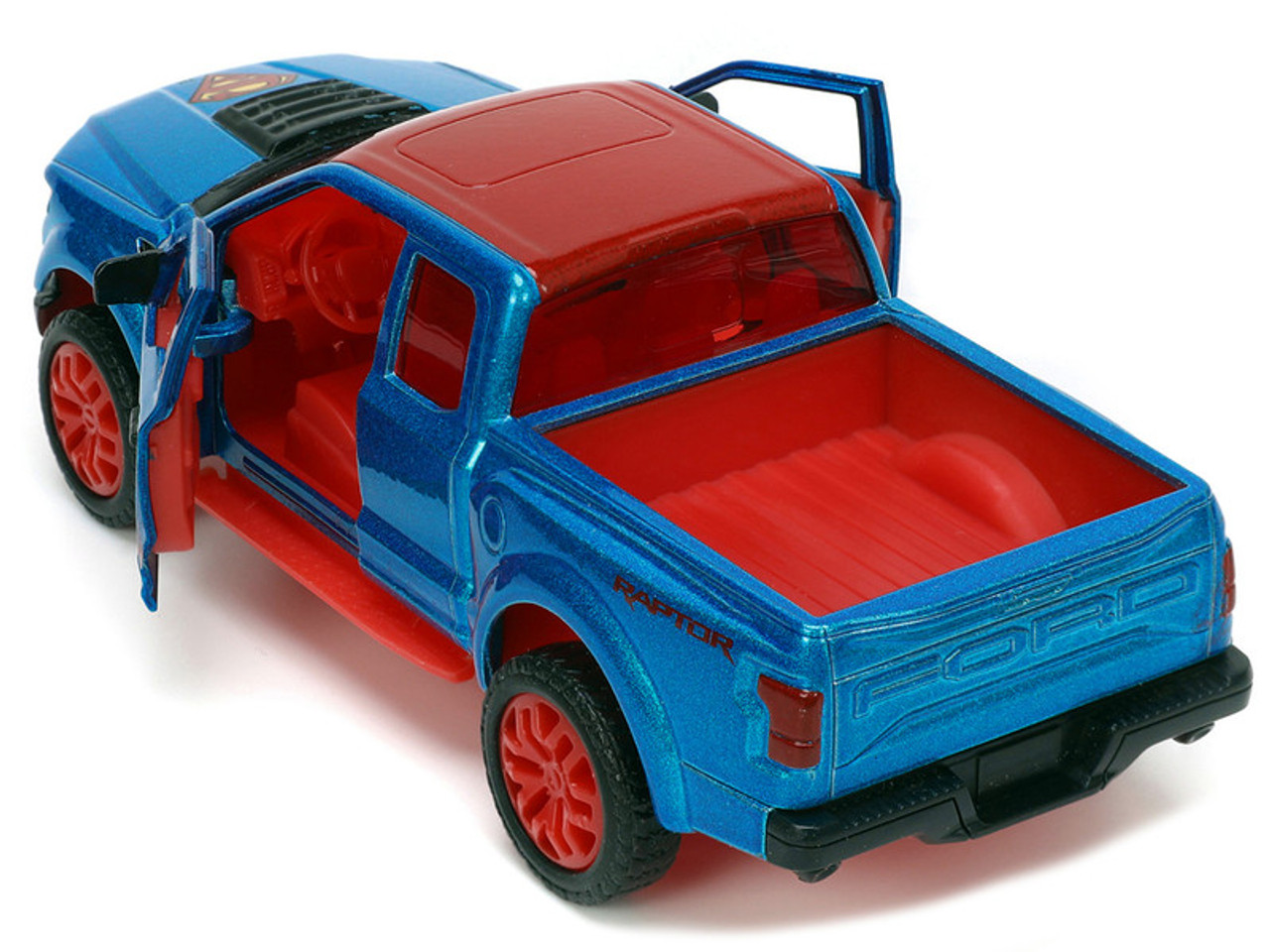 2017 Ford F-150 Raptor Pickup Truck Blue Metallic and Red with Red Interior and Superman Diecast Figure "DC's Superman" "Hollywood Rides" Series 1/32 Diecast Model Car by Jada