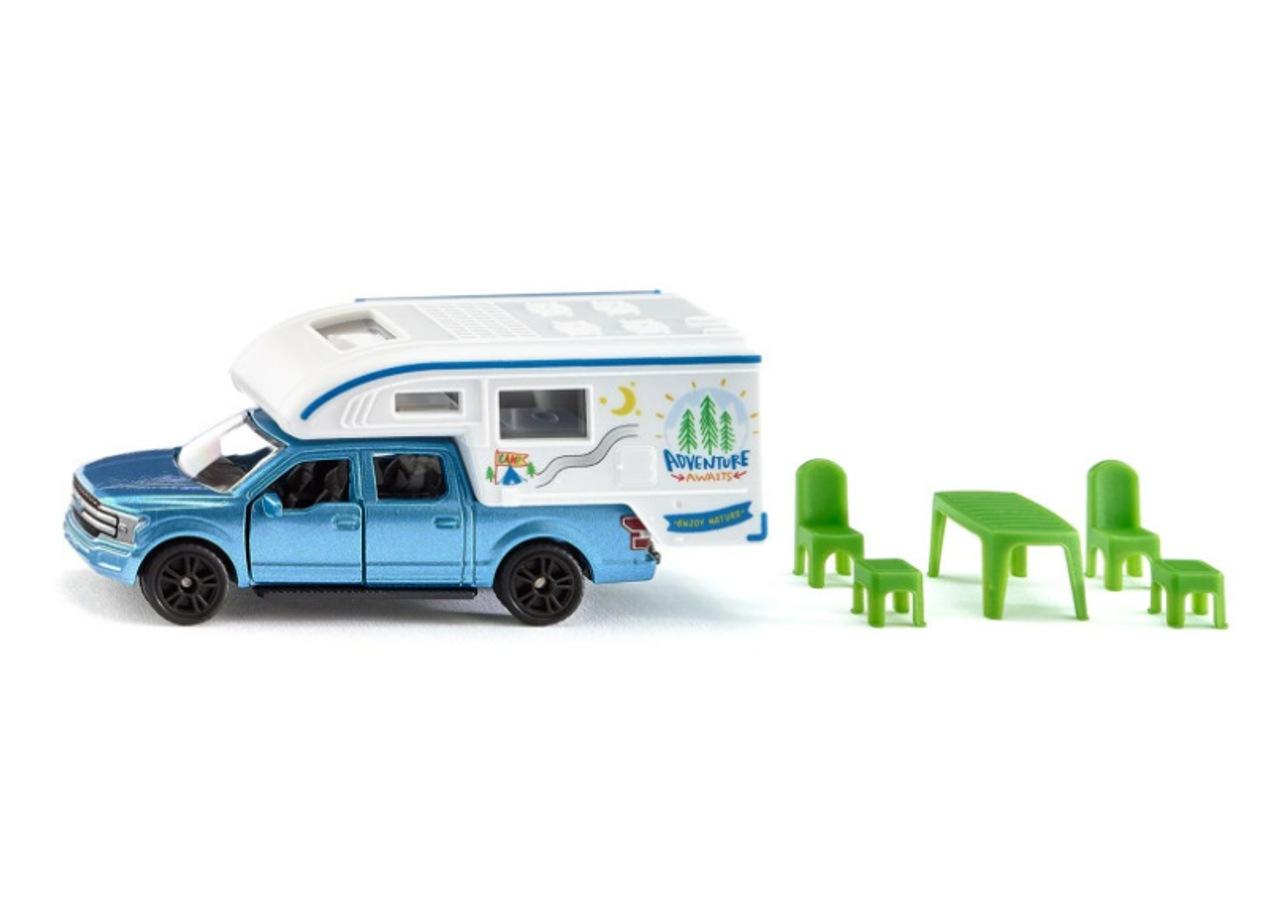 Ford F-150 Pickup Truck Blue Metallic Camper Set with Accessories Diecast Model by Siku