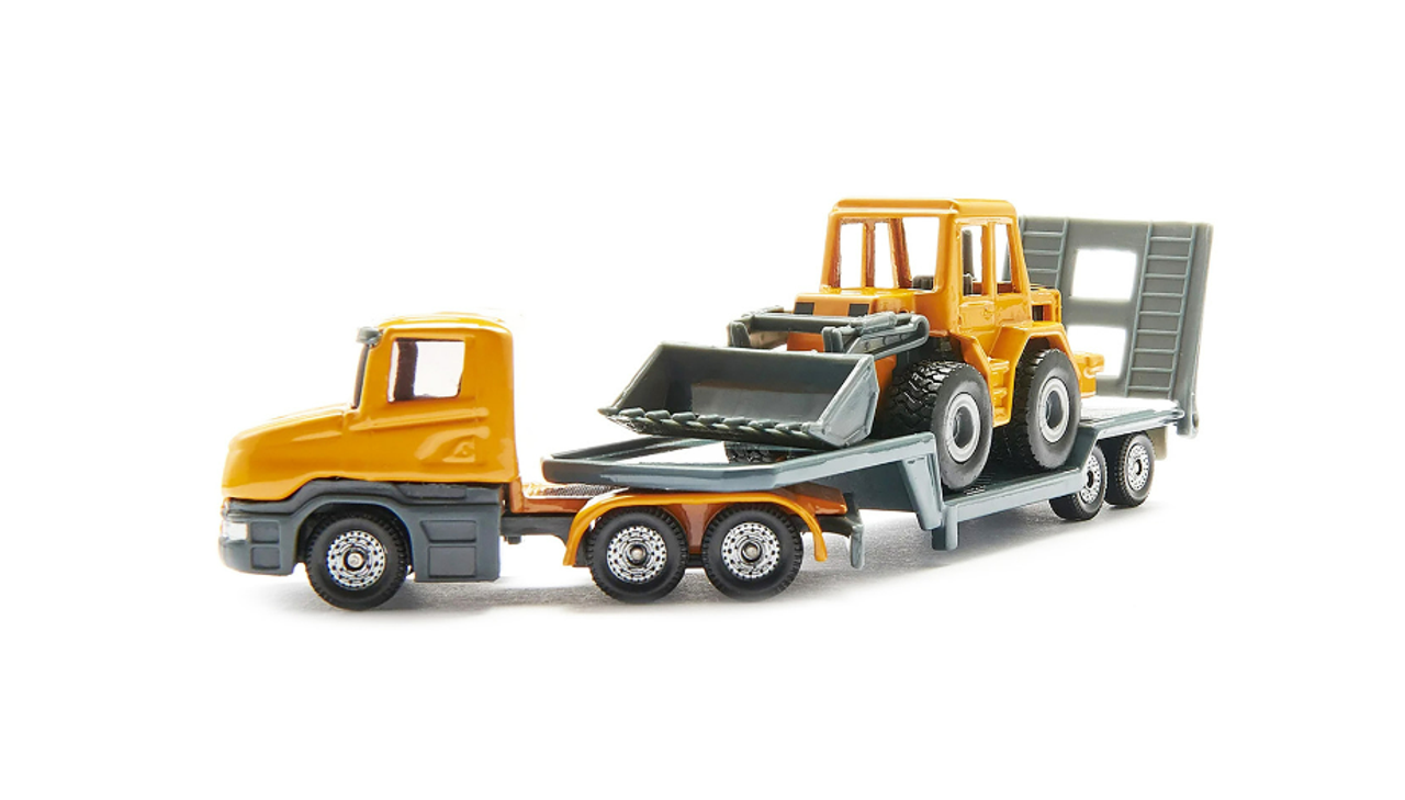 Truck with Low Loader Trailer and Front Loader Yellow Diecast Model by Siku