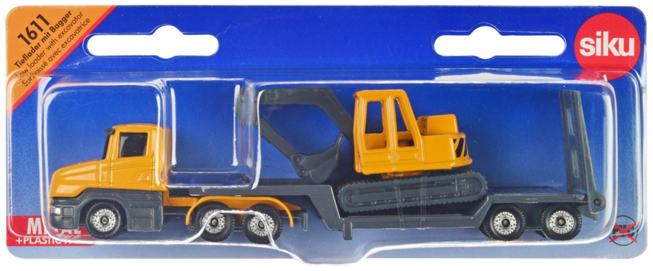 Truck with Low Loader Trailer and Excavator Yellow Diecast Model by Siku