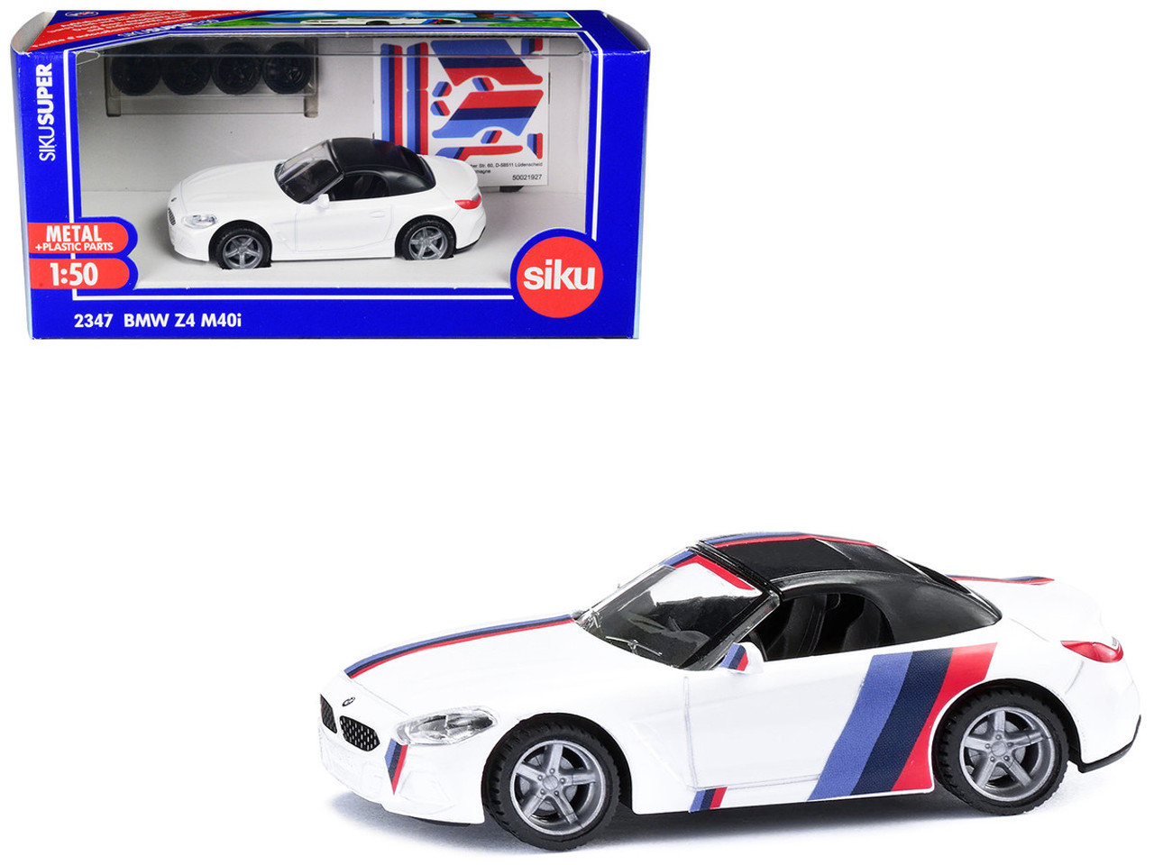 BMW Z4 M40i Cabriolet White with Black Top with Extra Wheels and Decals 1/50 Diecast Model by Siku