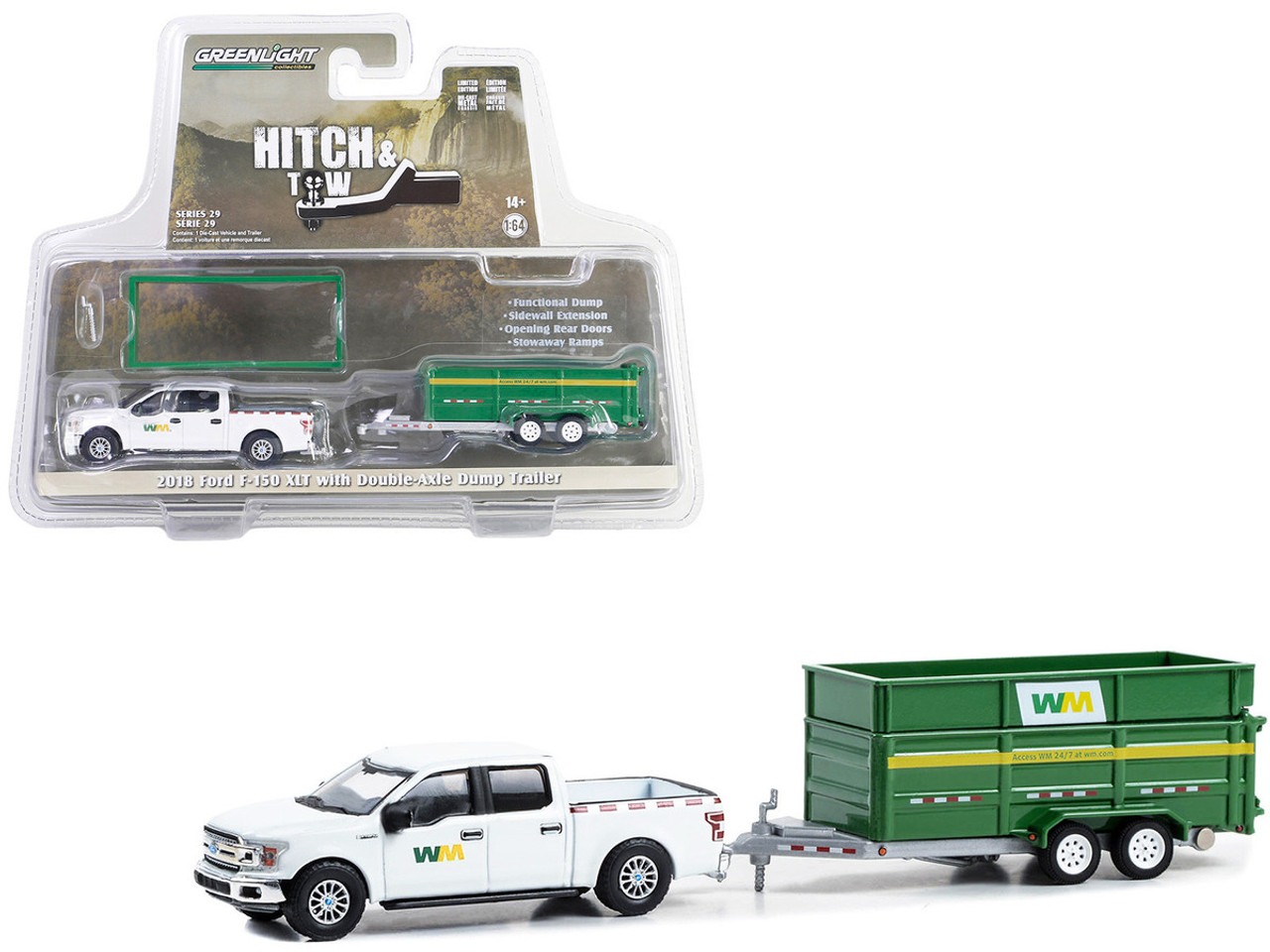 2018 Ford F-150 XLT Pickup Truck White and Double-Axle Dump Trailer "Waste Management" "Hitch & Tow" Series 29 1/64 Diecast Model Car by Greenlight