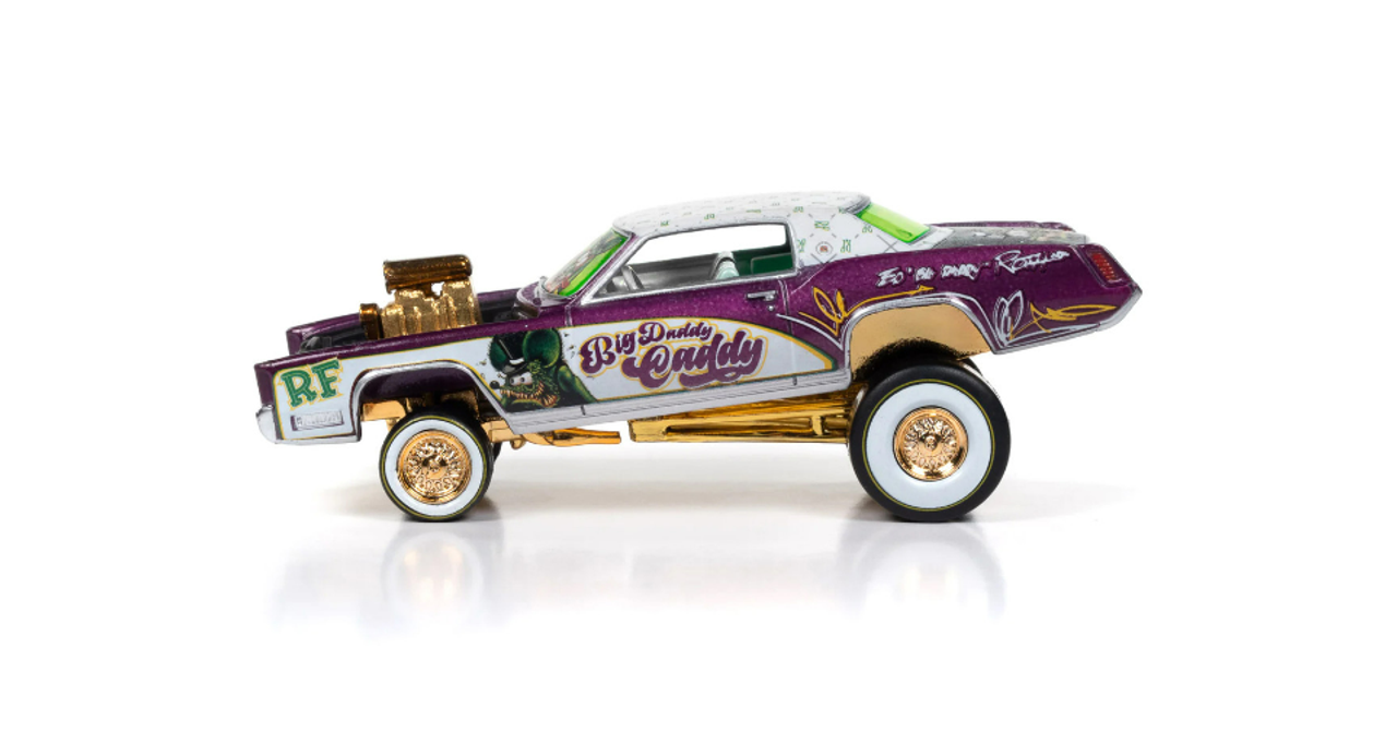 1967 Cadillac Eldorado Zinger Purple and White with Graphics "Rat Fink Big Daddy Caddy" "Street Freaks" Series Limited Edition to 2496 pieces Worldwide 1/64 Diecast Model Car by Johnny Lightning