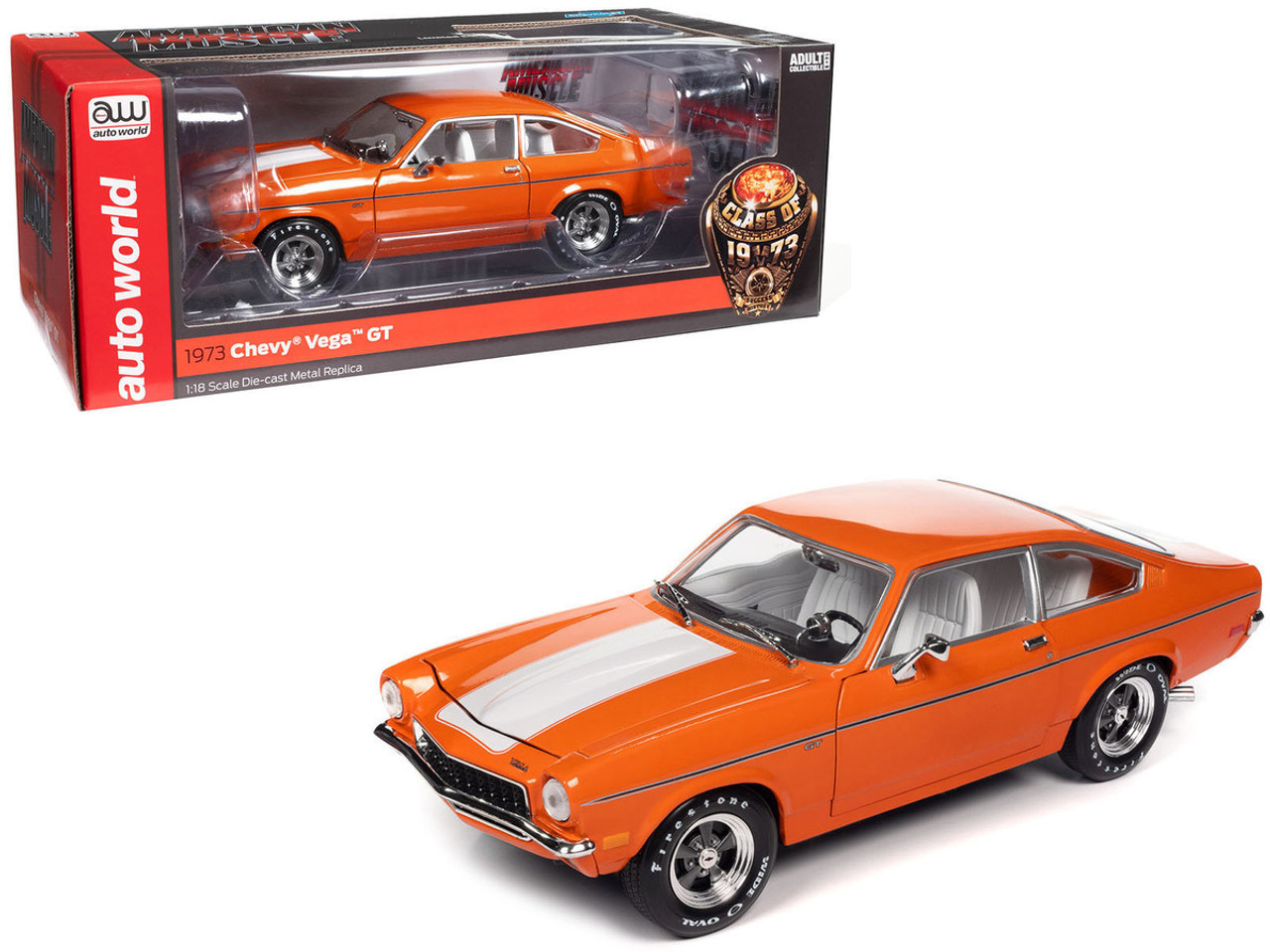 1973 Chevrolet Vega GT Bright Orange with White Stripes and Interior "Class of 1973" "American Muscle" Series 1/18 Diecast Model Car by Auto World