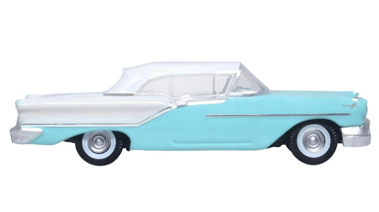 1957 Oldsmobile 88 Convertible (Top-Up) Banff Blue and Alcan White with White 1/87 (HO) Scale Diecast Model Car by Oxford Diecast