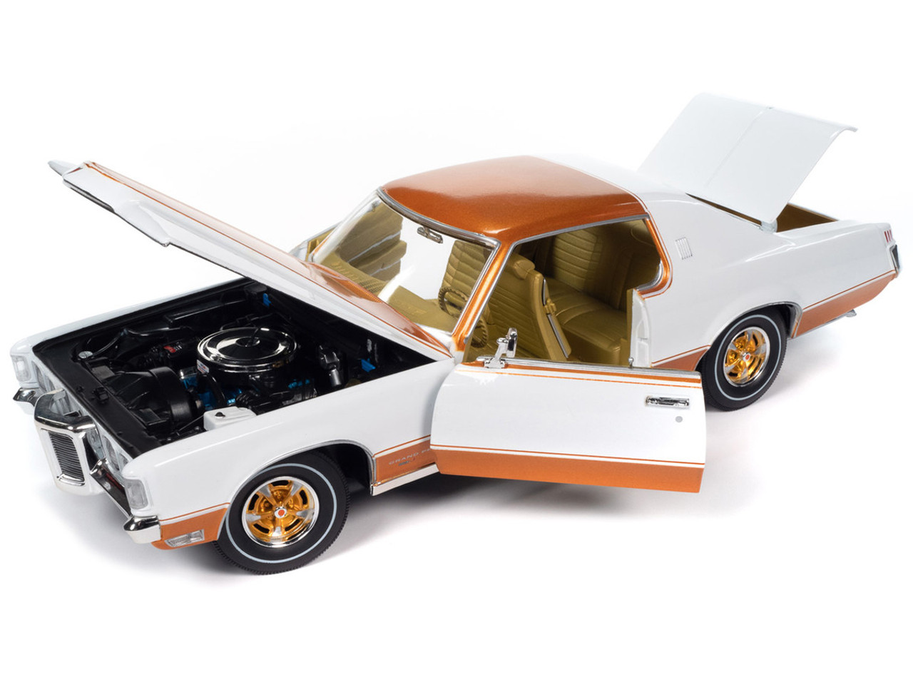 1/18 Auto World 1969 Pontiac Royal Bobcat Grand Prix Model J Cameo White with Firefrost Gold Hood and Top with Gold Interior Diecast Car Model