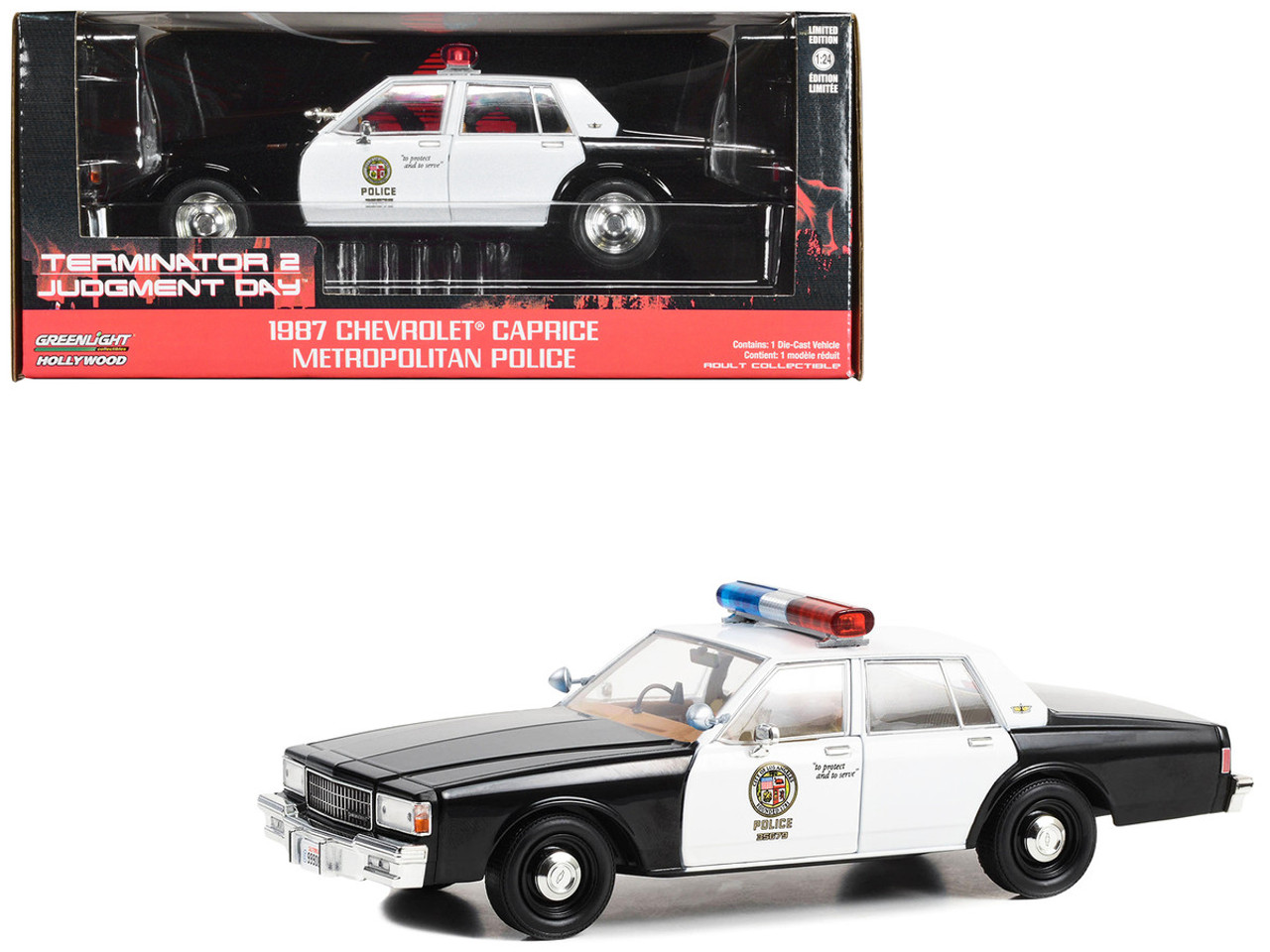 1987 Chevrolet Caprice Metropolitan Police Black and White "LAPD (Los Angeles Police Department)" "Terminator 2: Judgment Day" (1991) Movie "Hollywood" Series 1/24 Diecast Model Car by Greenlight