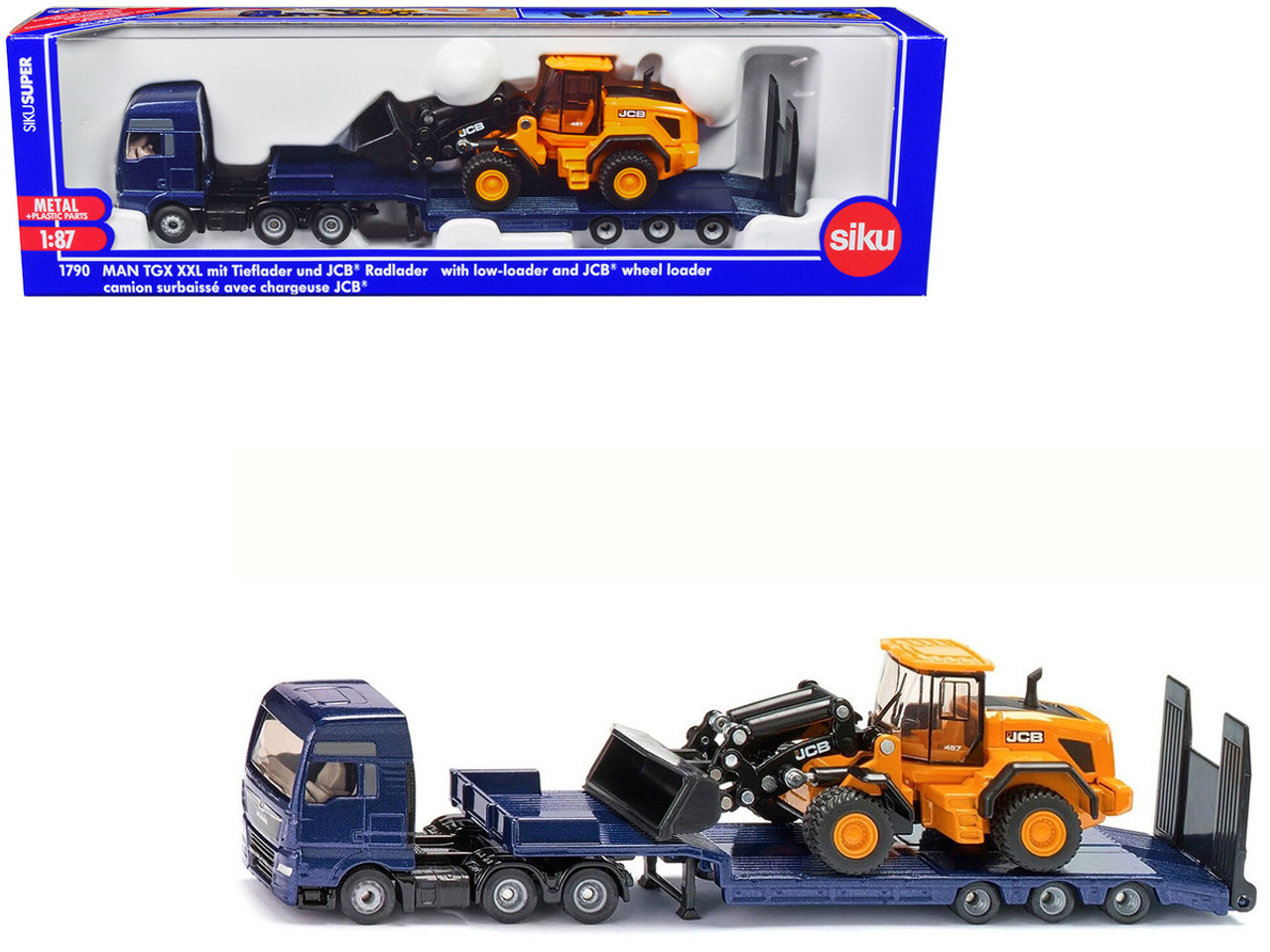 MAN Truck Blue Metallic with Low Loader Trailer and JCB 457 Wheel Loader Yellow 1/87 (HO) Diecast Model by Siku