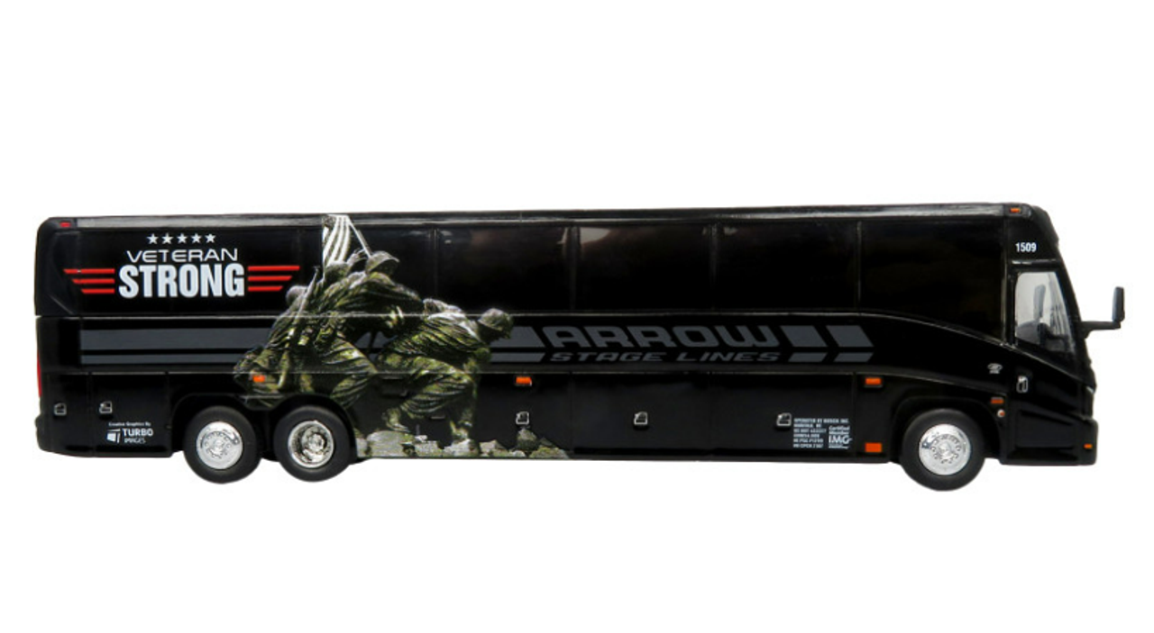 MCI J4500 Coach Bus "Arrow Stage Lines - Veteran Strong" Black "The Bus & Motorcoach Collection" Limited Edition to 504 pieces Worldwide 1/87 (HO) Diecast Model by Iconic Replicas