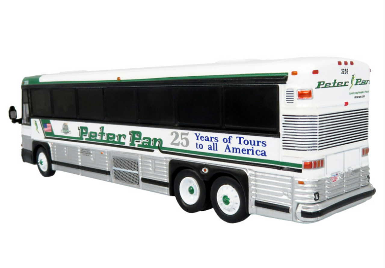2001 MCI D4000 Coach Bus "Peter Pan 25 Years of Tours to all of America" White and Green "Vintage Bus & Motorcoach Collection" Limited Edition to 504 pieces Worldwide 1/87 (HO) Diecast Model by Iconic Replicas