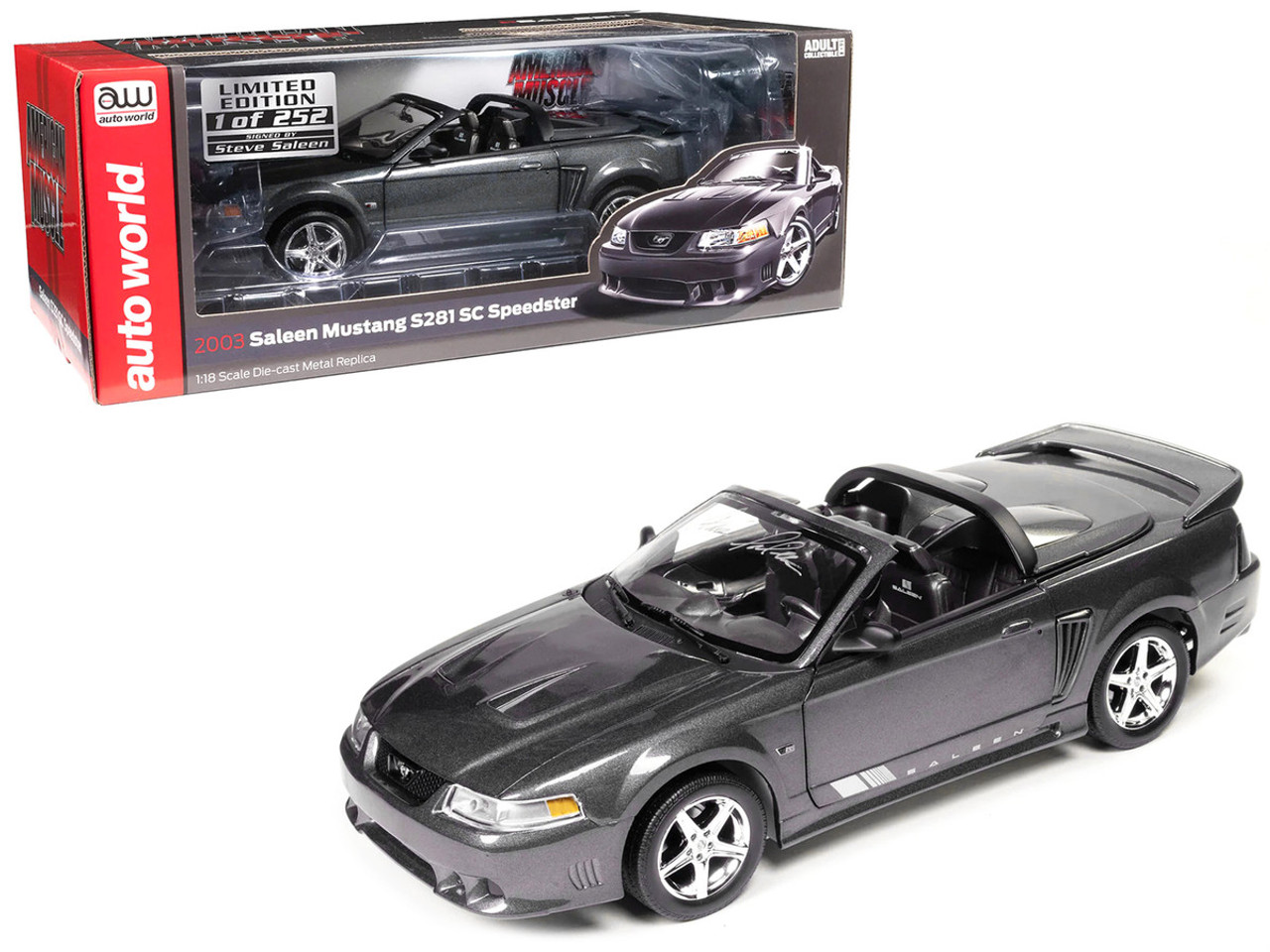 2003 Ford Mustang Saleen S281 SC Speedster Dark Shadow Gray Metallic (Signed by Steve Saleen) Limited Edition to 252 pieces Worldwide "American Muscle" Series 1/18 Diecast Model Car by Auto World