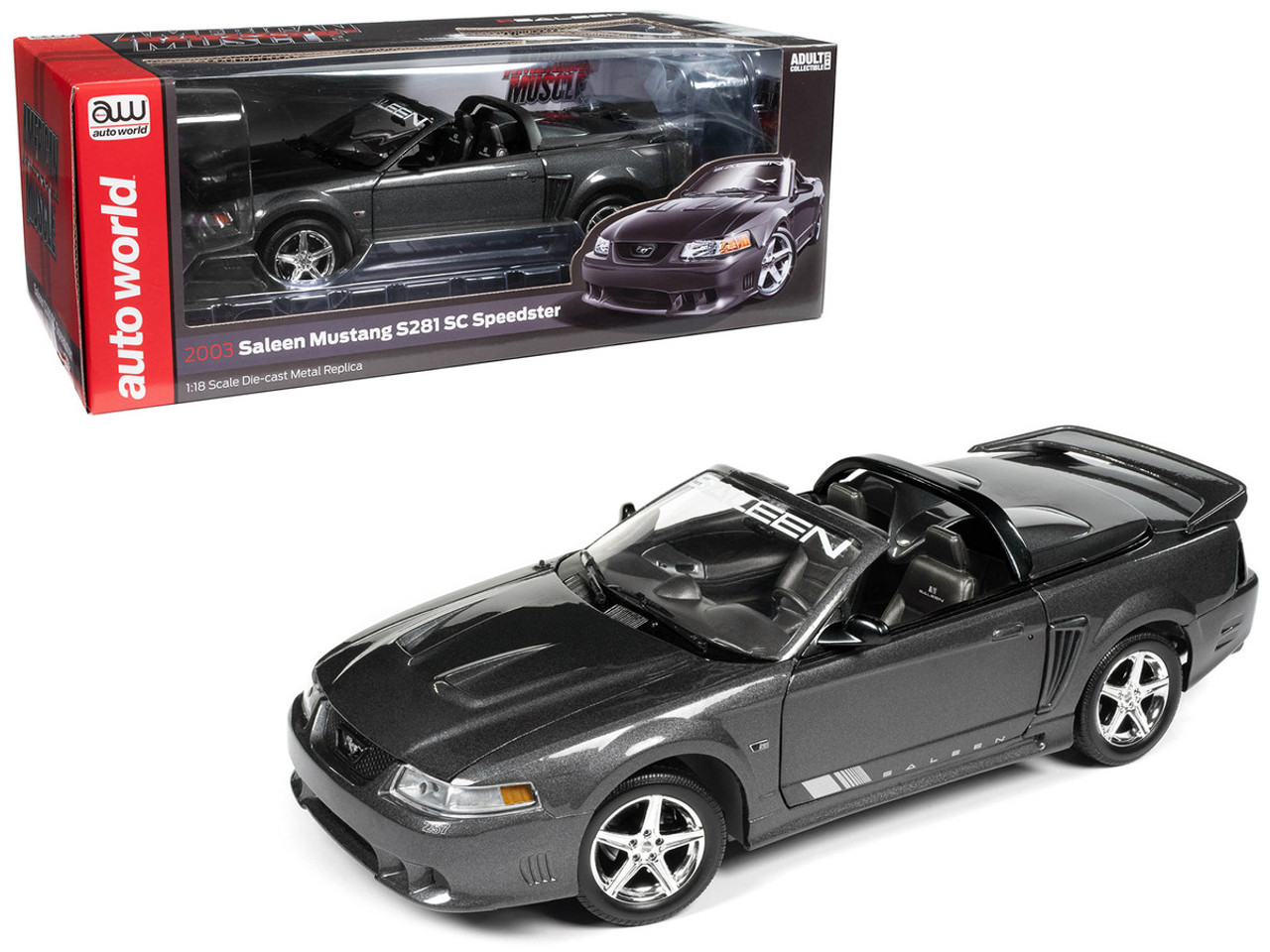 2003 Ford Mustang Saleen S281 SC Speedster Dark Shadow Gray Metallic American Muscle Series 1/18 Diecast Model Car by Auto World