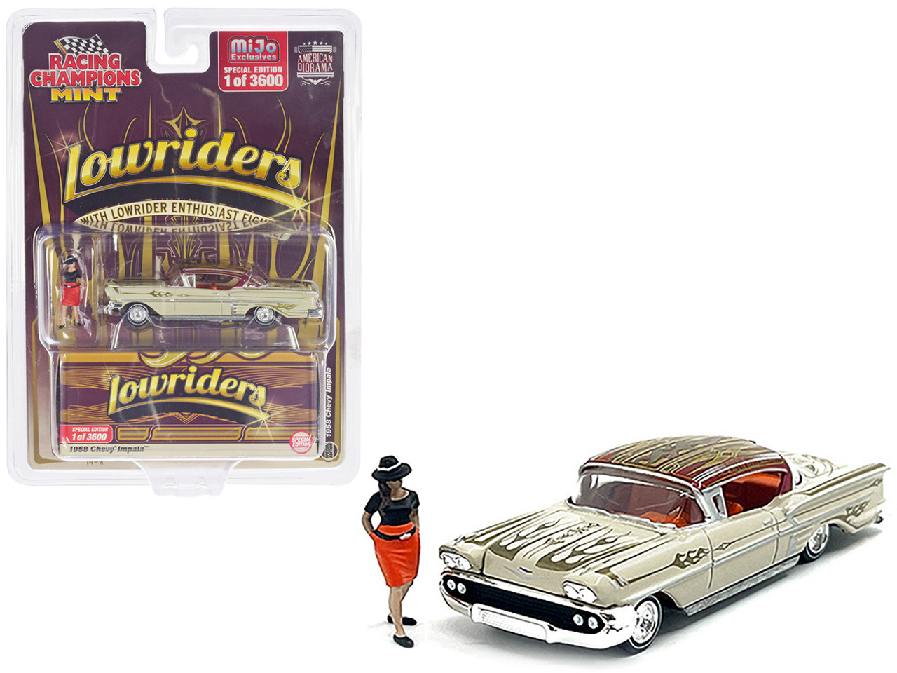 1958 Chevrolet Impala Lowrider Beige with Graphics and Orange Interior with  Diecast Figure Limited Edition to 3600 pieces Worldwide 1/64 Diecast Model  ...