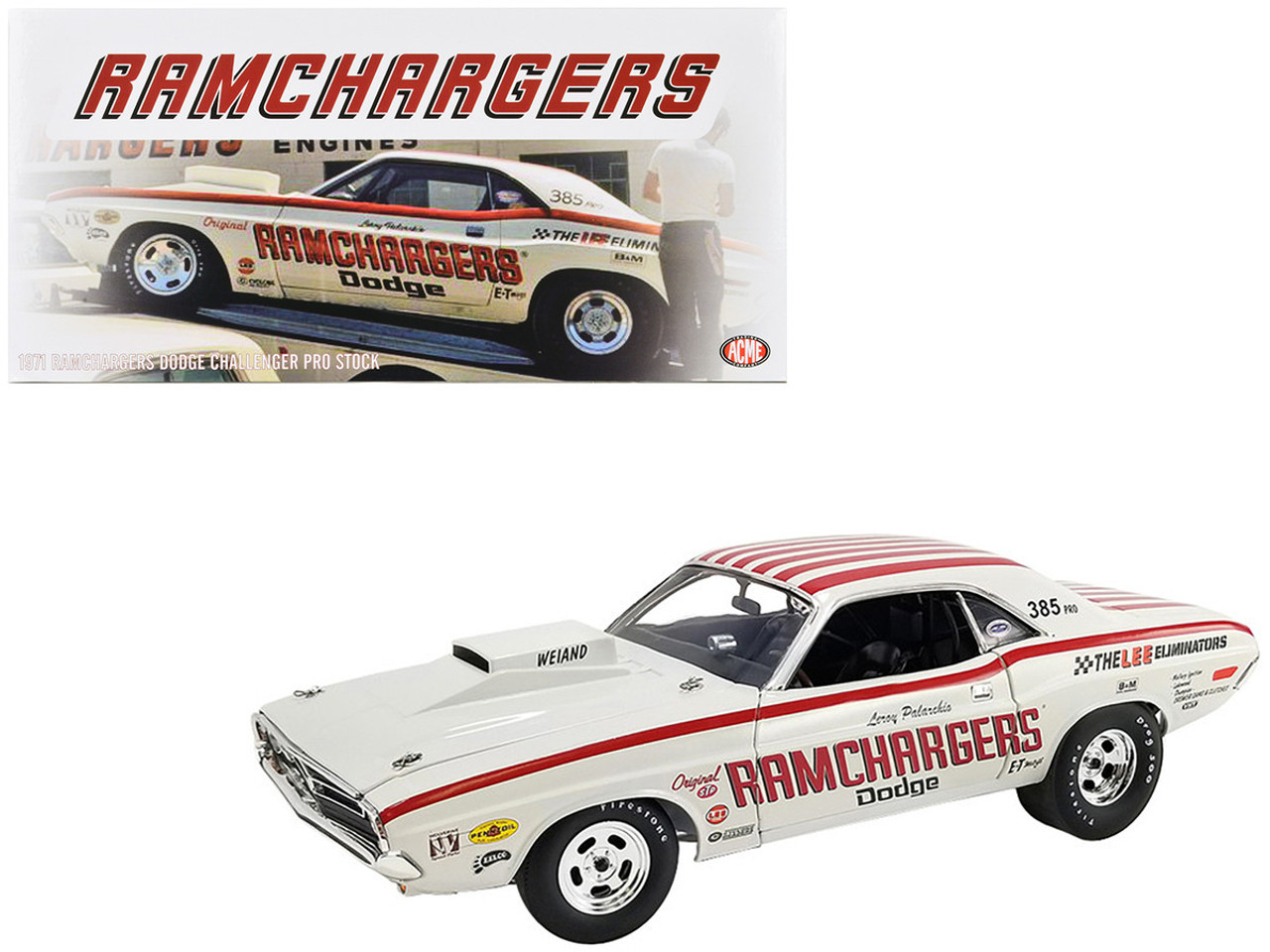 1971 Dodge Challenger Pro Stock "Ramchargers" White with Red Stripes Limited Edition to 524 pieces Worldwide 1/18 Diecast Model Car by ACME