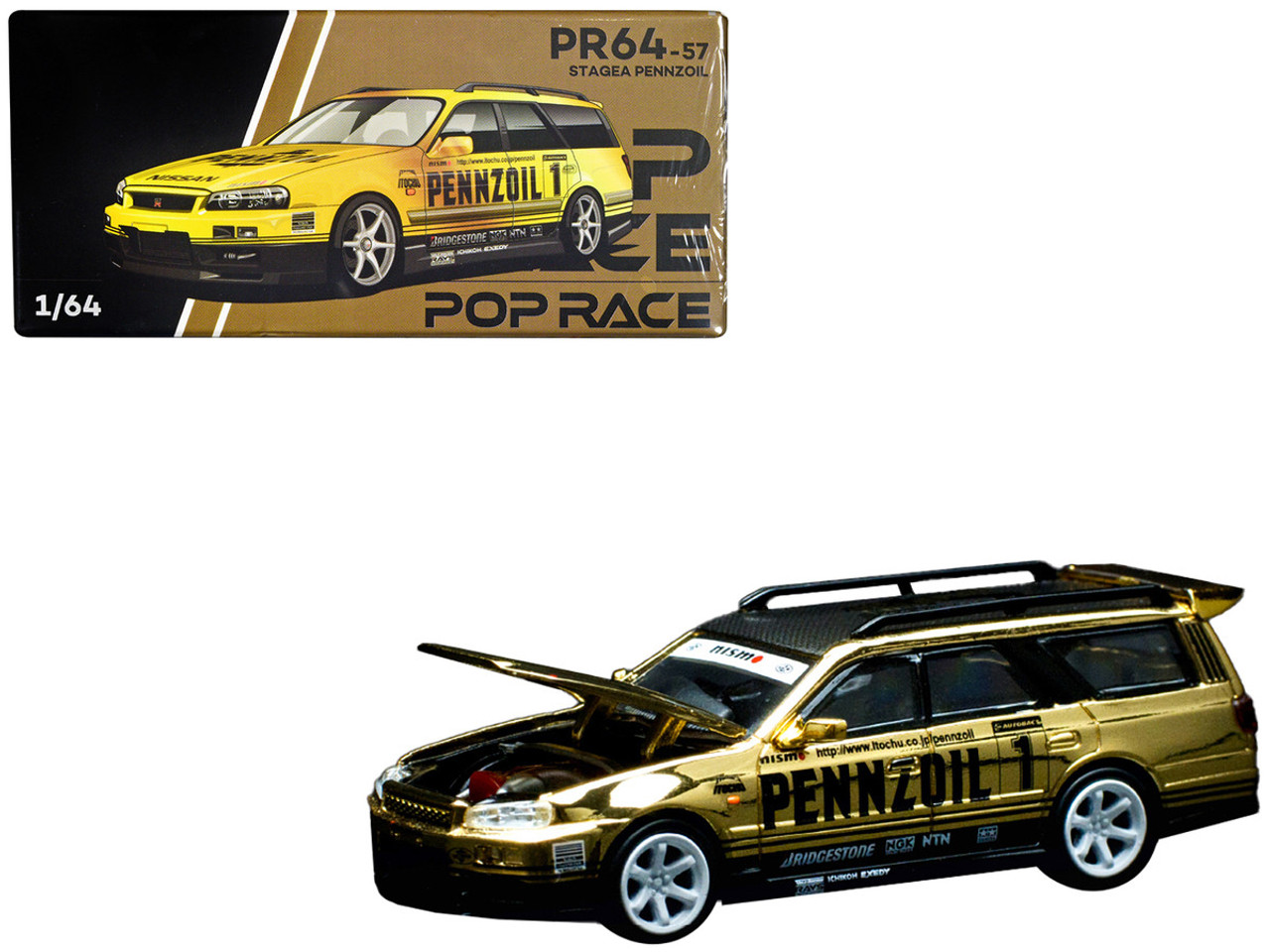 Nissan Stagea RHD (Right Hand Drive) #1 "Pennzoil" Gold Chrome with Carbon Top 1/64 Diecast Model Car by Pop Race