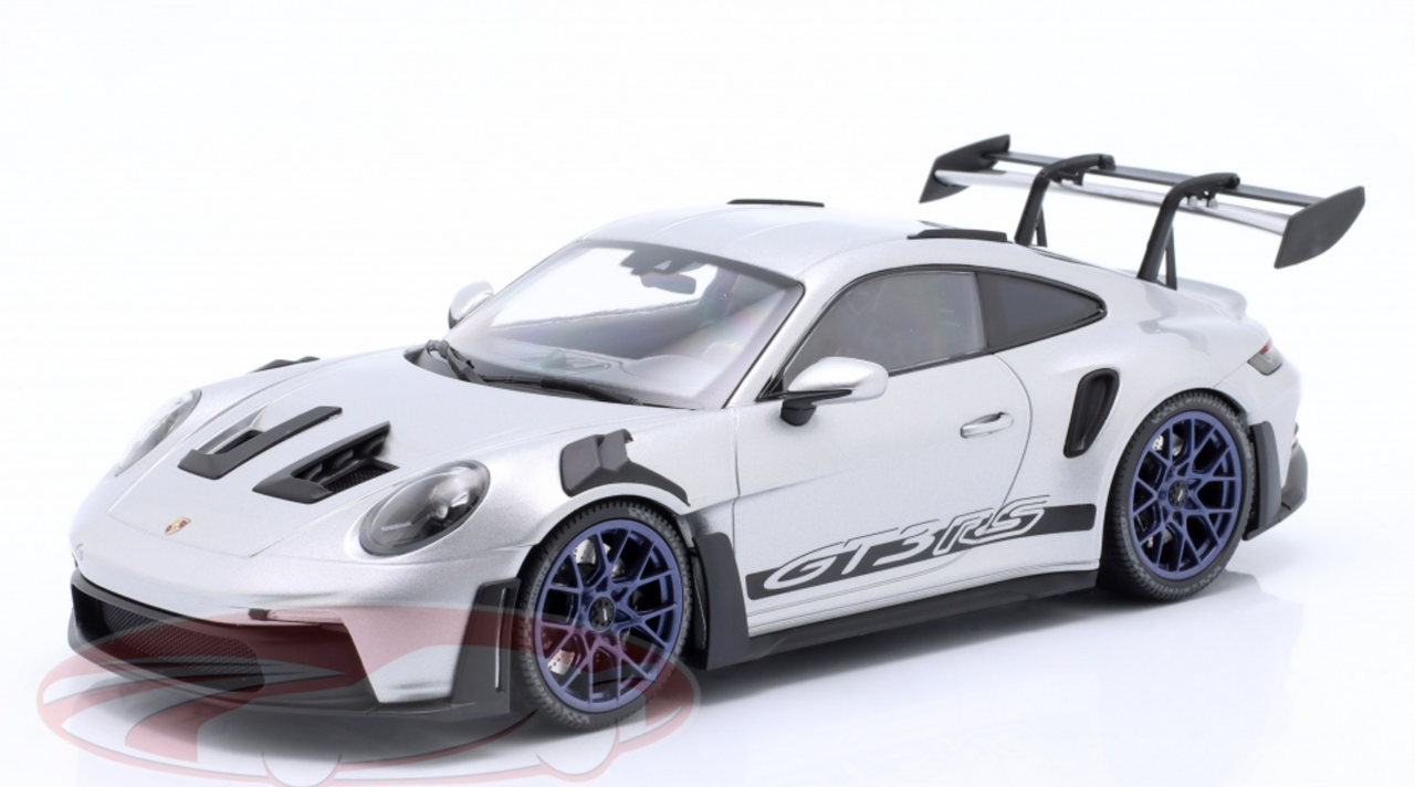 1/18 Minichamps 2023 Porsche 911 (992) GT3 RS (Silver with Blue Wheels) Car Model