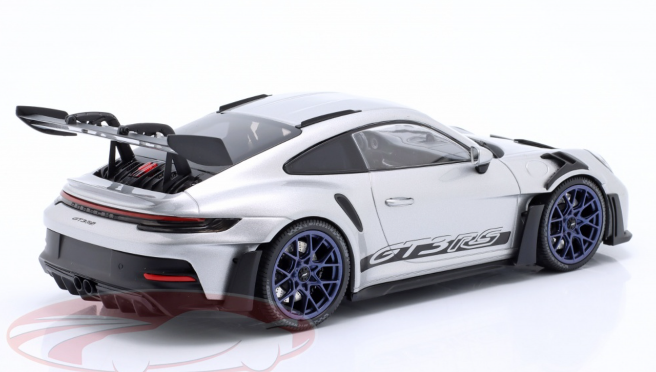 1/18 Minichamps 2023 Porsche 911 (992) GT3 RS (Silver with Blue Wheels) Car Model