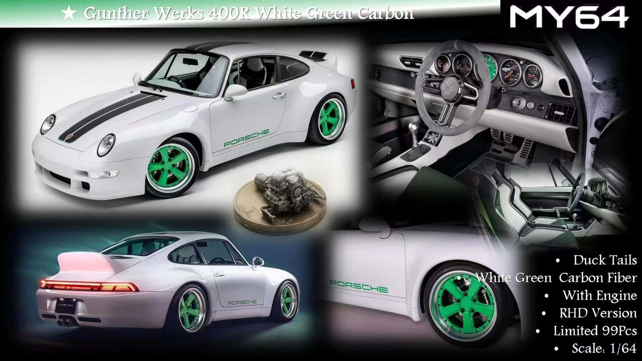 1/64 MY Porsche 911 964 Gunther Werks 400R (White Green Carbon) Car Model with Extra Engine Limited 99 Pieces