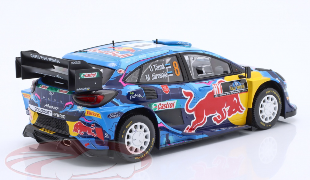 1/18 Ixo 2023 Ford Puma Rally1 #8 Winner Rallye Sweden M-Sport Ford WRT Ott Tänak, Martin Järveoja Car Model