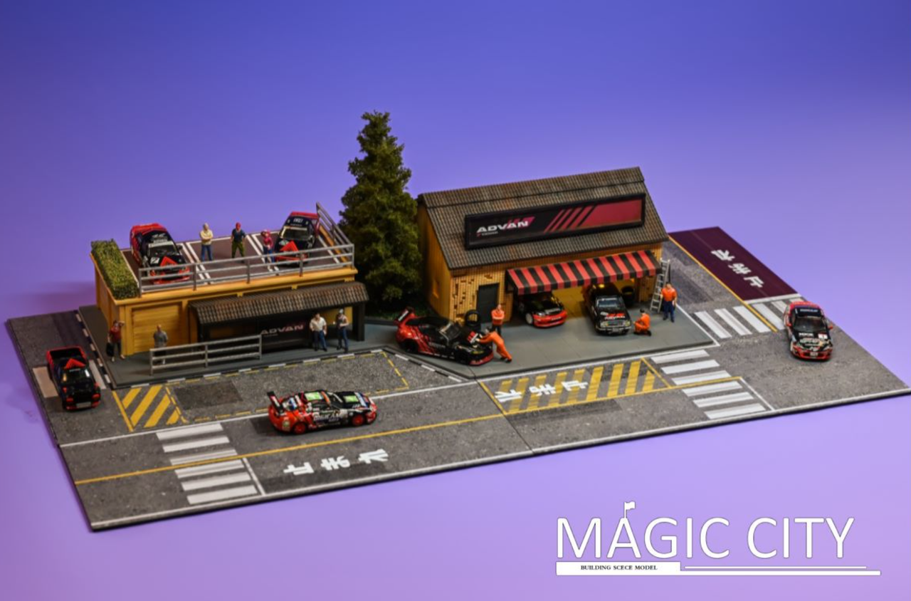 1/64 Magic City ADVAN Theme Body Shop & Bus Station Diorama with Lights (car models & figures NOT included)