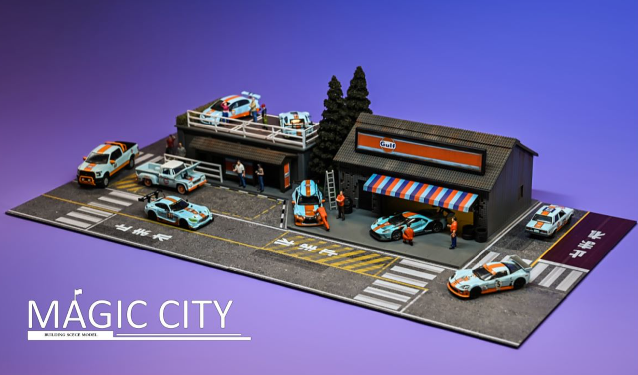 1/64 Magic City Gulf Theme Body Shop & Bus Station Diorama with Lights (car models & figures NOT included)