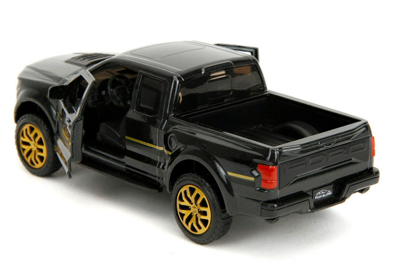 2017 Ford F-150 Raptor Pickup Truck Black Metallic with Gold Stripes "Pink Slips" Series 1/32 Diecast Model Car by Jada