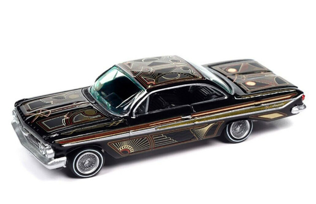 1961 Chevrolet Impala Lowrider Black with Graphics and Diecast Figure  Limited Edition to 3600 pieces Worldwide 1/64 Diecast Model Car by Johnny 