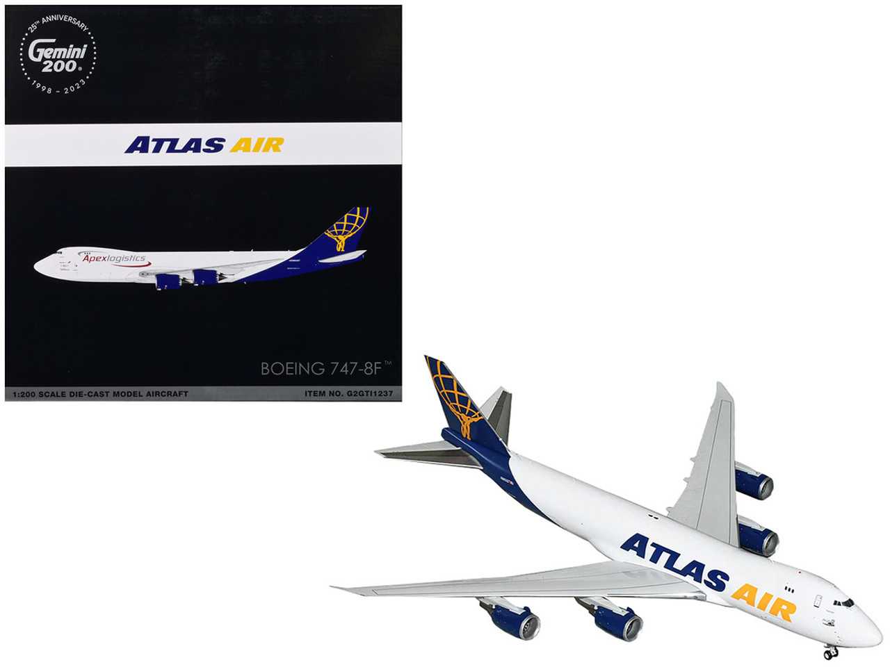 Boeing 747-8F Commercial Aircraft "Atlas Air - Apex Logistics" White with Blue Tail "Gemini 200" Series 1/200 Diecast Model Airplane by GeminiJets