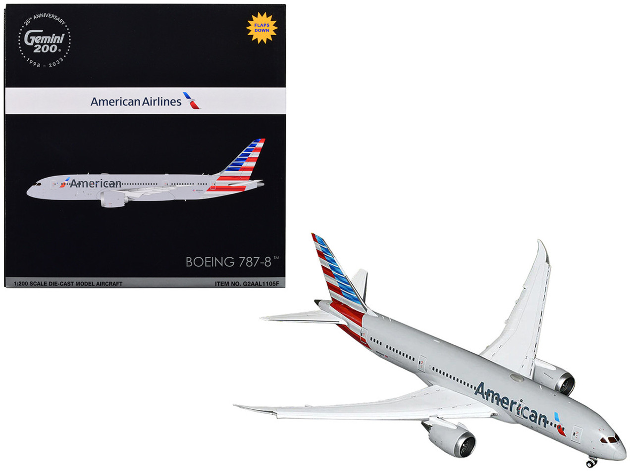 Boeing 787-8 Commercial Aircraft with Flaps Down "American Airlines" Gray with Tail Stripes "Gemini 200" Series 1/200 Diecast Model Airplane by GeminiJets