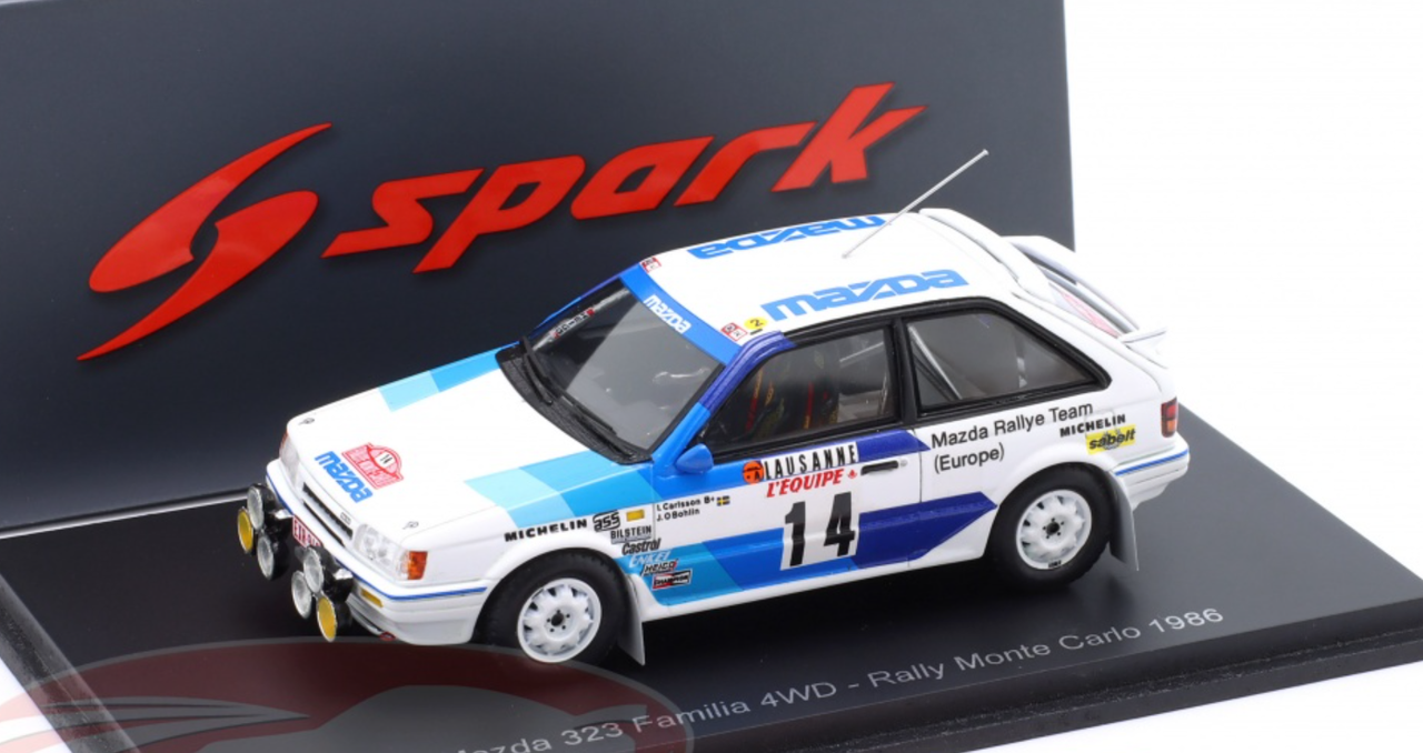 1/43 Spark 1986 Mazda 323 4WD #14 rally Monte Carlo Mazda Rally Team Europe Ingvar Carlsson, Jan-Olof Bohlin Car Model