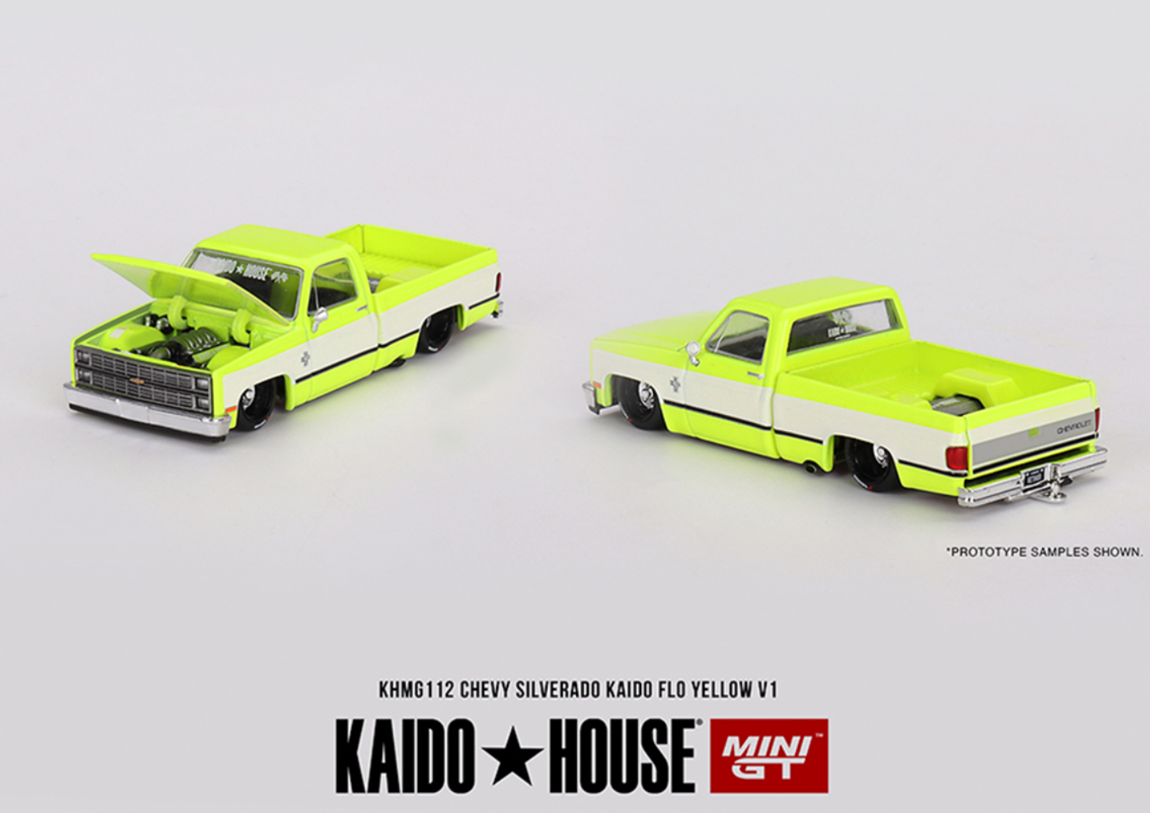 1/64 Kaido House & Mini GT Chevrolet Silverado KAIDO Flo V1 (Yellow Chrome) Diecast Car Model