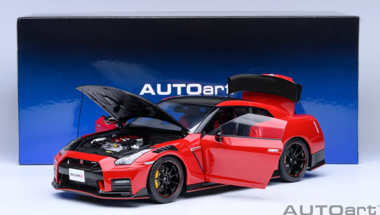 2022 Nissan GT-R (R35) Nismo Special Edition RHD Vibrant Red with Carbon Hood and Top 1/18 Model Car by Autoart