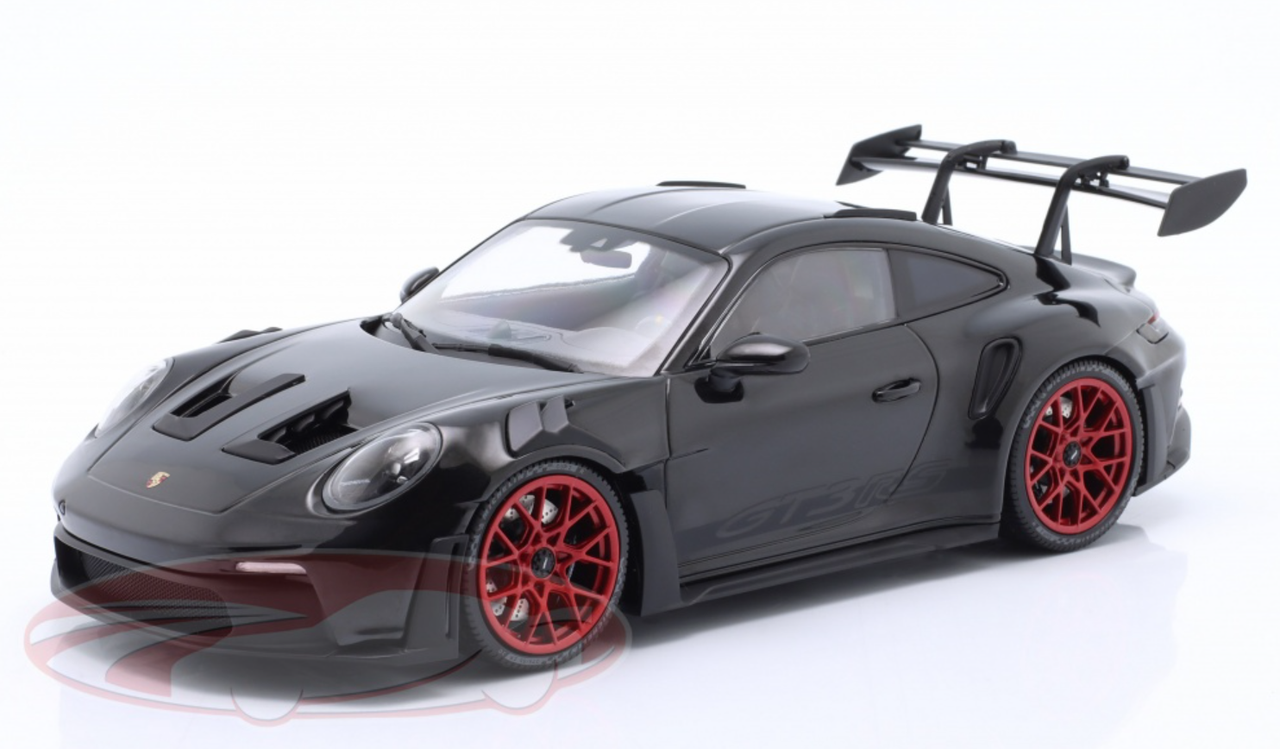 1/18 Minichamps 2023 Porsche 911 (992) GT3 RS (Black with Red Wheels) Car Model with Movable Rear Wing