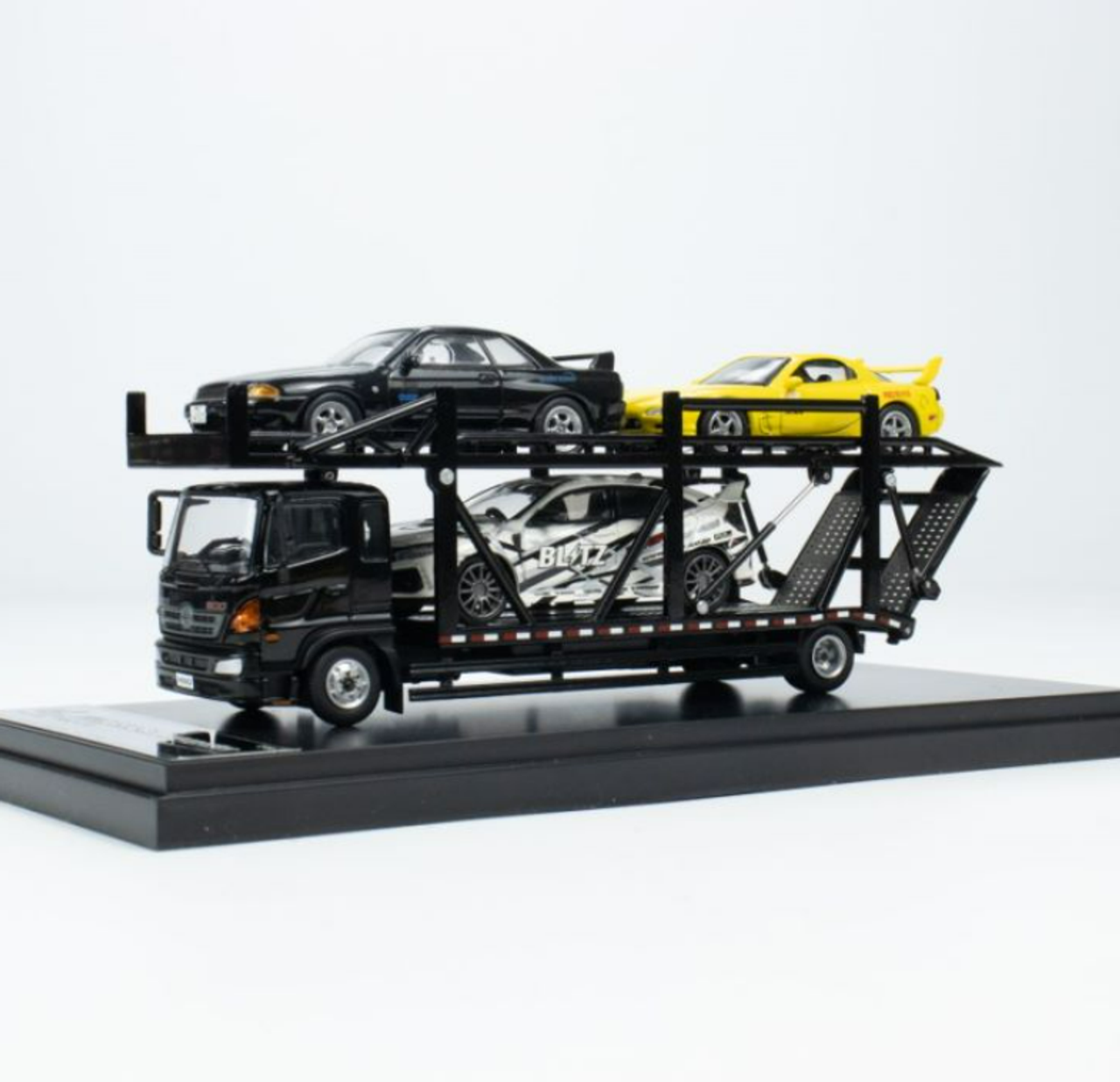 1/64 Unique Model × Tiny Hino 500 Ranger Double Level Transporter Black Diecast Model