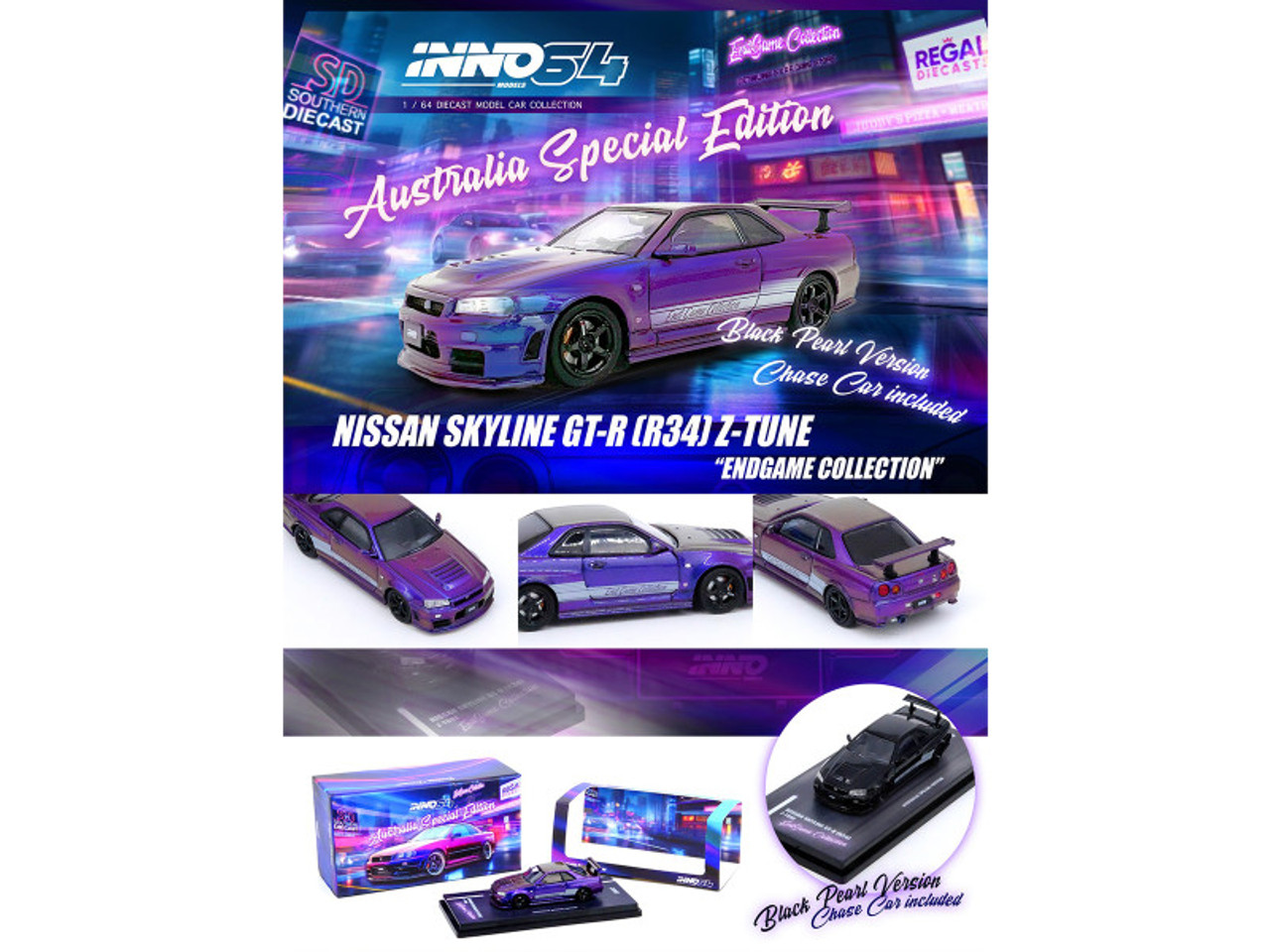 Nissan Skyline GT-R (R34) Z-Tune RHD (Right Hand Drive) Purple Metallic "EndGame Collection - Australia Special Edition" 1/64 Diecast Model Car by Inno Models