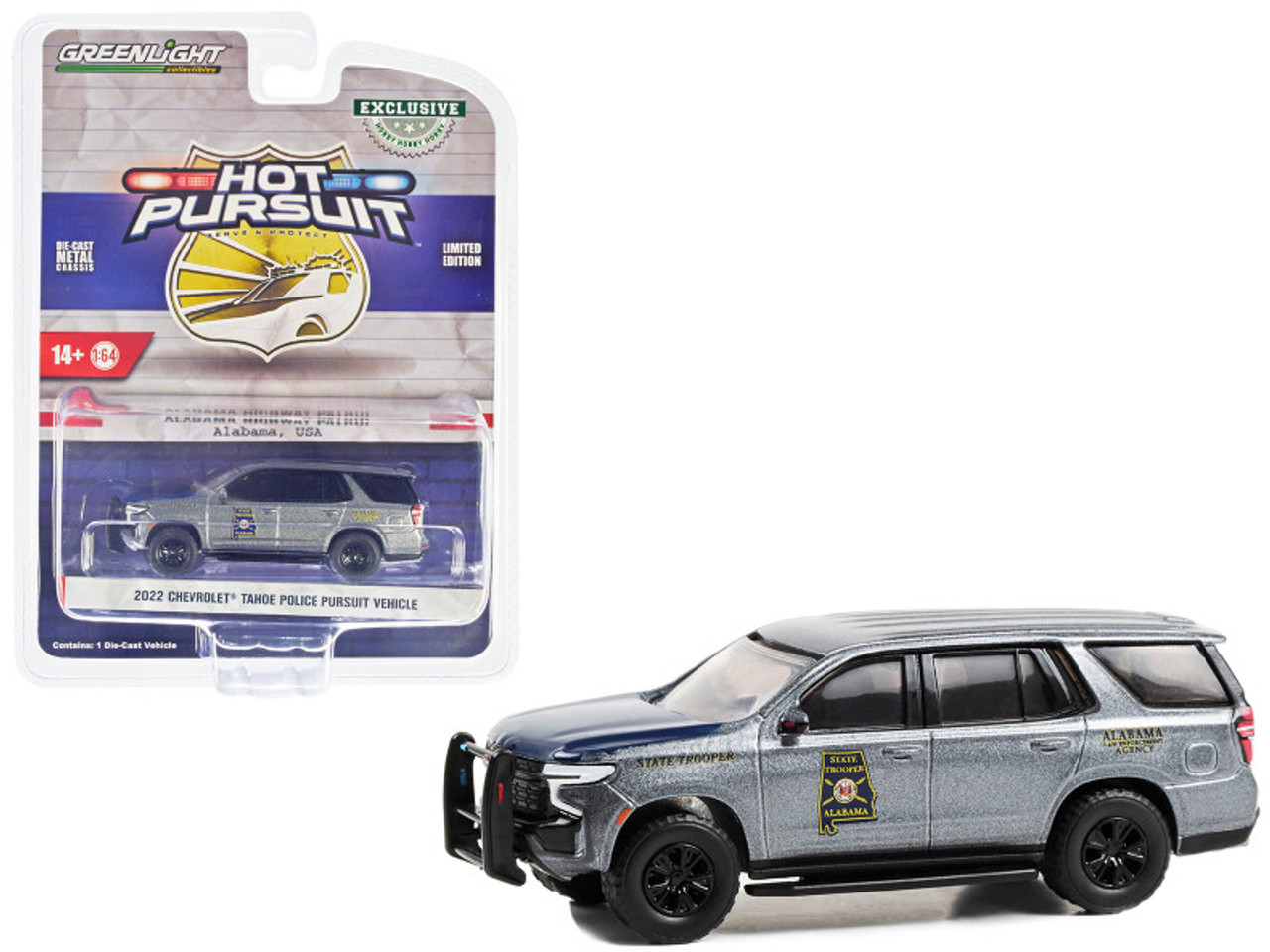 2022 Chevrolet Tahoe Police Pursuit Vehicle (PPV) Gray Metallic with Blue Hood and Rear Gate "Alabama Highway Patrol State Trooper" "Hobby Exclusive" Series 1/64 Diecast Model Car by Greenlight
