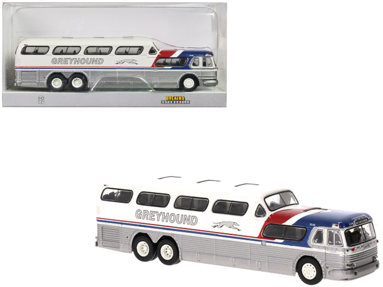 1956 GMC PD-4501 Scenicruiser Bus Silver and White with Blue and Red Stripes "Greyhound" 1/87 (HO) Scale Model Car by Brekina