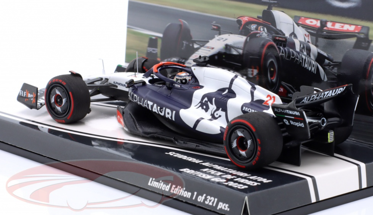 1/43 Minichamps 2023 Formula 1 Nyck de Vries Alpha Tauri AT04 #21 British GP Car Model