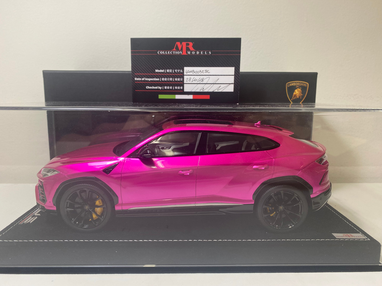 1/18 MR Collection Lamborghini Urus (Flash Gloss Pink) with Black Gloss Wheels & Yellow Calipers Car Model Limited 10 Pieces