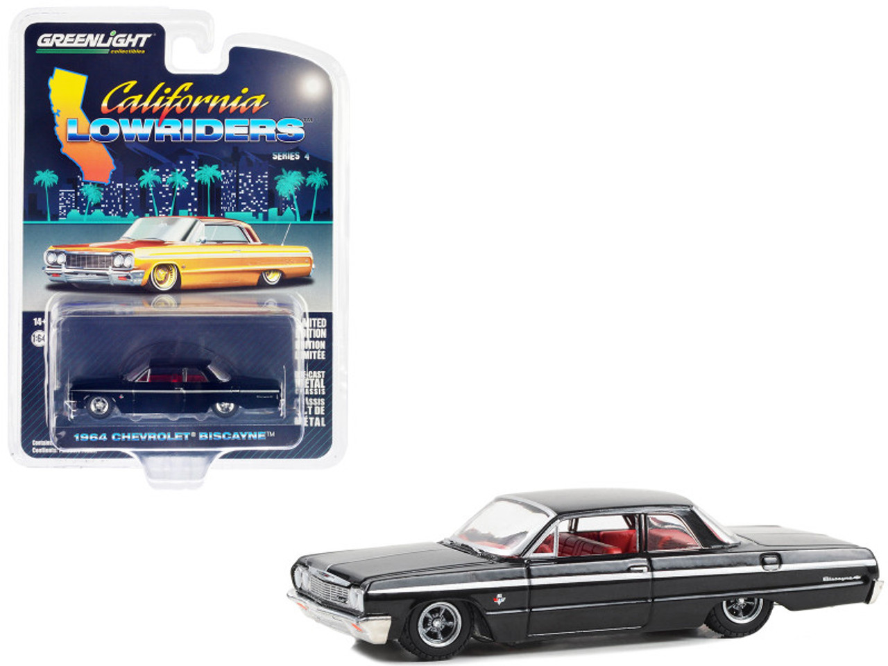 1964 Chevrolet Biscayne Lowrider Black with Red Interior "California Lowriders" Series 4 1/64 Diecast Model Car by Greenlight