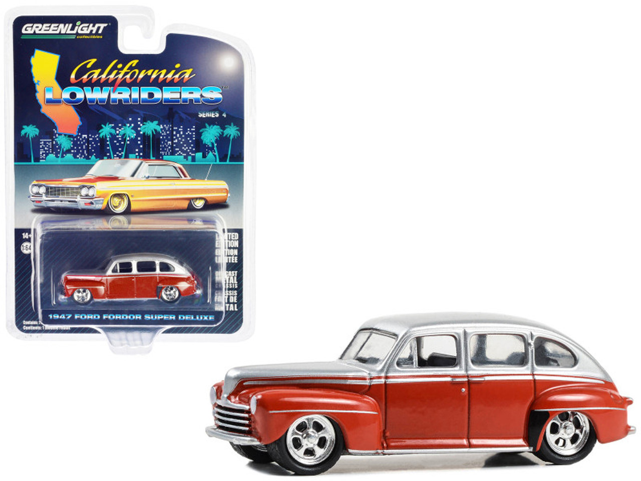 1947 Ford Fordor Super Deluxe Lowrider Red and Silver Metallic "California Lowriders" Series 4 1/64 Diecast Model Car by Greenlight