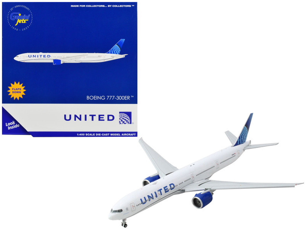 Boeing 777-300ER Commercial Aircraft with Flaps Down "United Airlines" White with Blue Tail 1/400 Diecast Model Airplane by GeminiJets