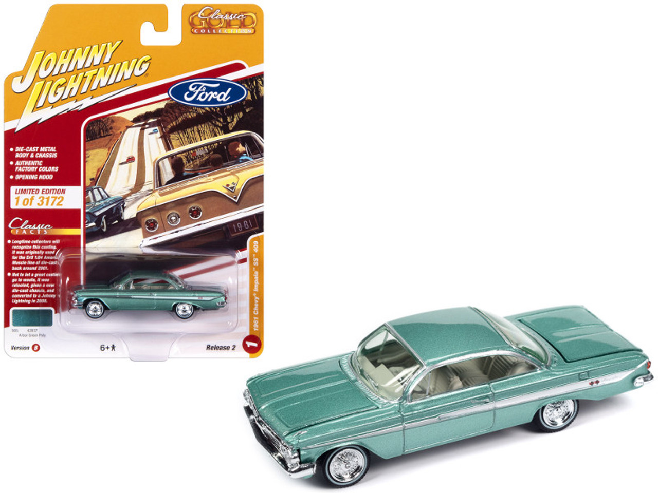 1961 Chevrolet Impala SS 409 Arbor Green Metallic with Light Green Interior "Classic Gold Collection" 2023 Release 2 Limited Edition to 3172 pieces Worldwide 1/64 Diecast Model Car by Johnny Lightning