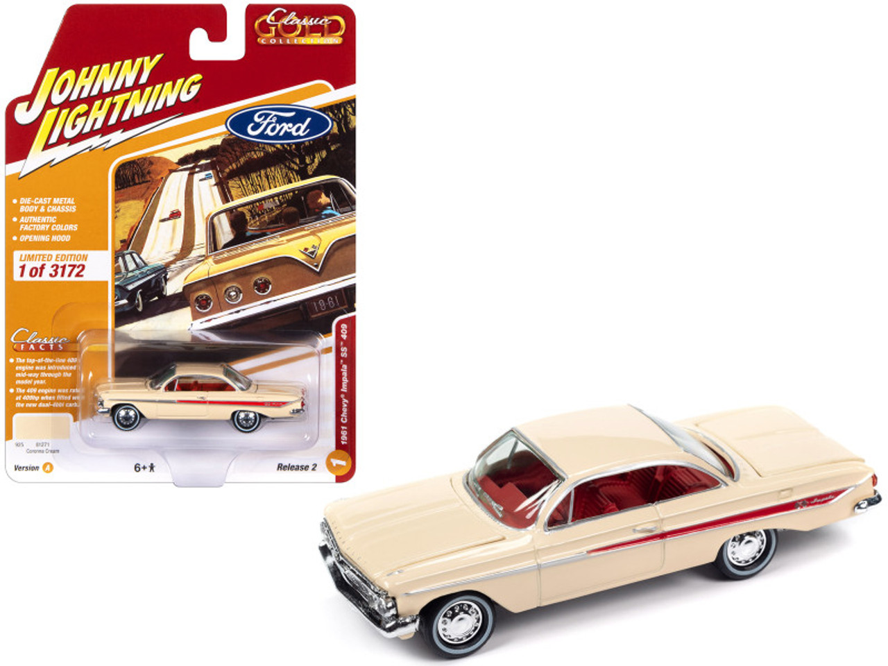 1961 Chevrolet Impala SS 409 Coronna Cream with Red Stripes and Interior "Classic Gold Collection" 2023 Release 2 Limited Edition to 3172 pieces Worldwide 1/64 Diecast Model Car by Johnny Lightning