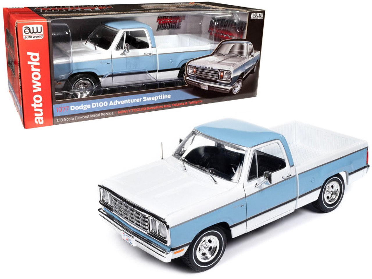 1977 Dodge D100 Adventurer Sweptline Pickup Truck Light Blue and White "American Muscle" Series 1/18 Diecast Model Car by Auto World