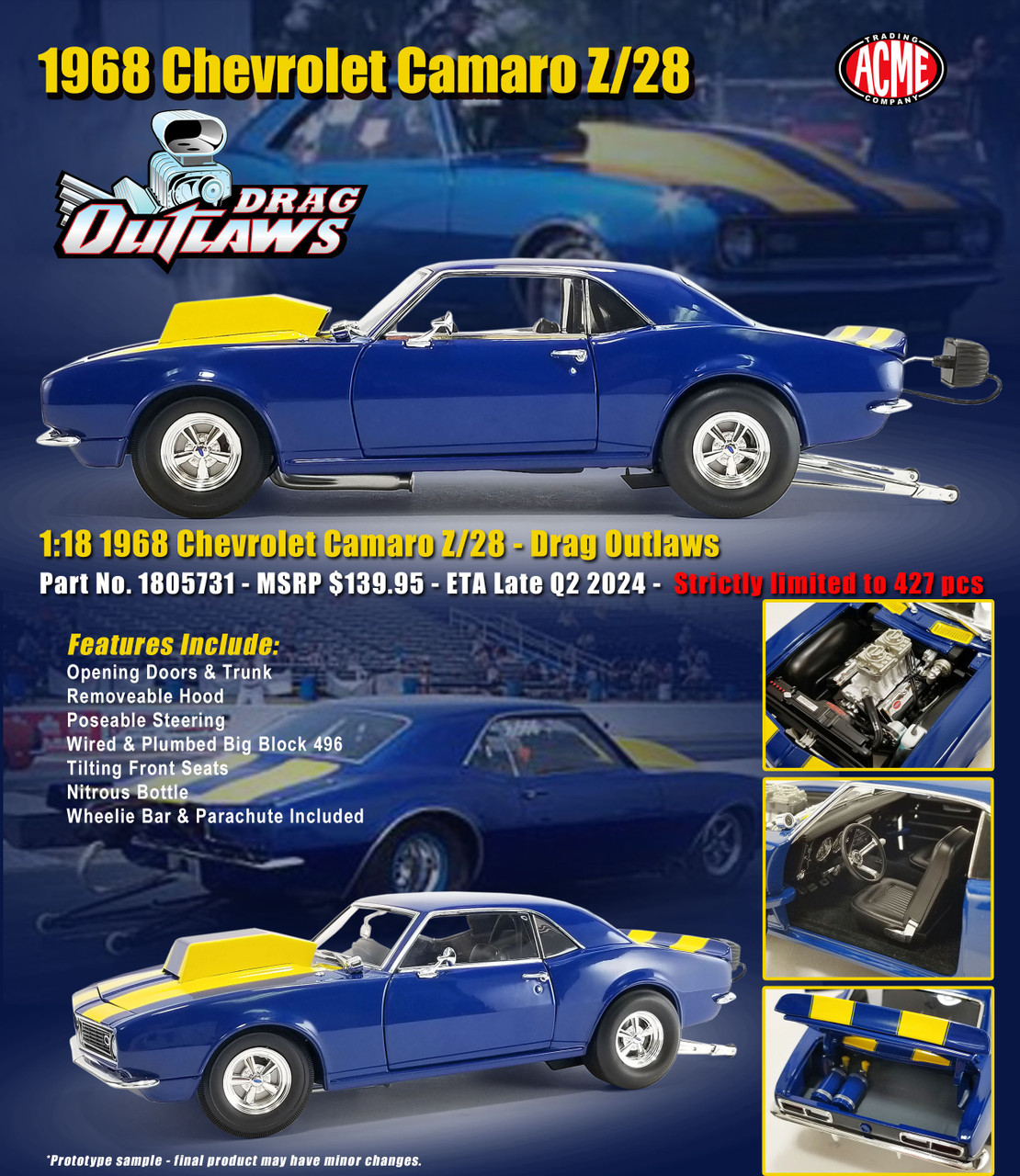 1/18 ACME 1968 Chevrolet Camaro Z/28 Z28 Drag Outlaws (Blue) Diecast Car Model